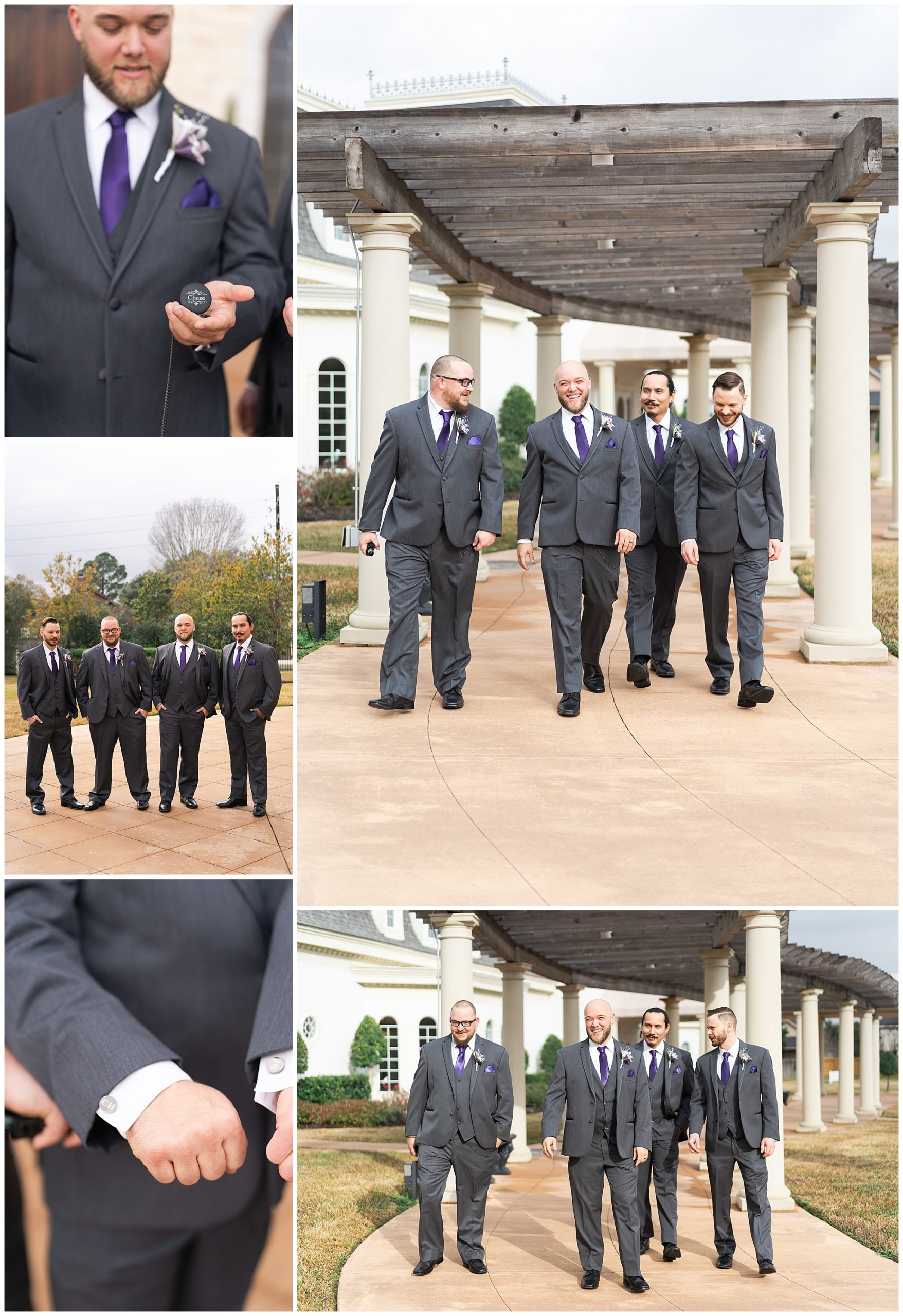 groom and groomsmen laugh, pose and hold pocket watches at Ashton Gardens in Houston Texas by Swish and Click Photography