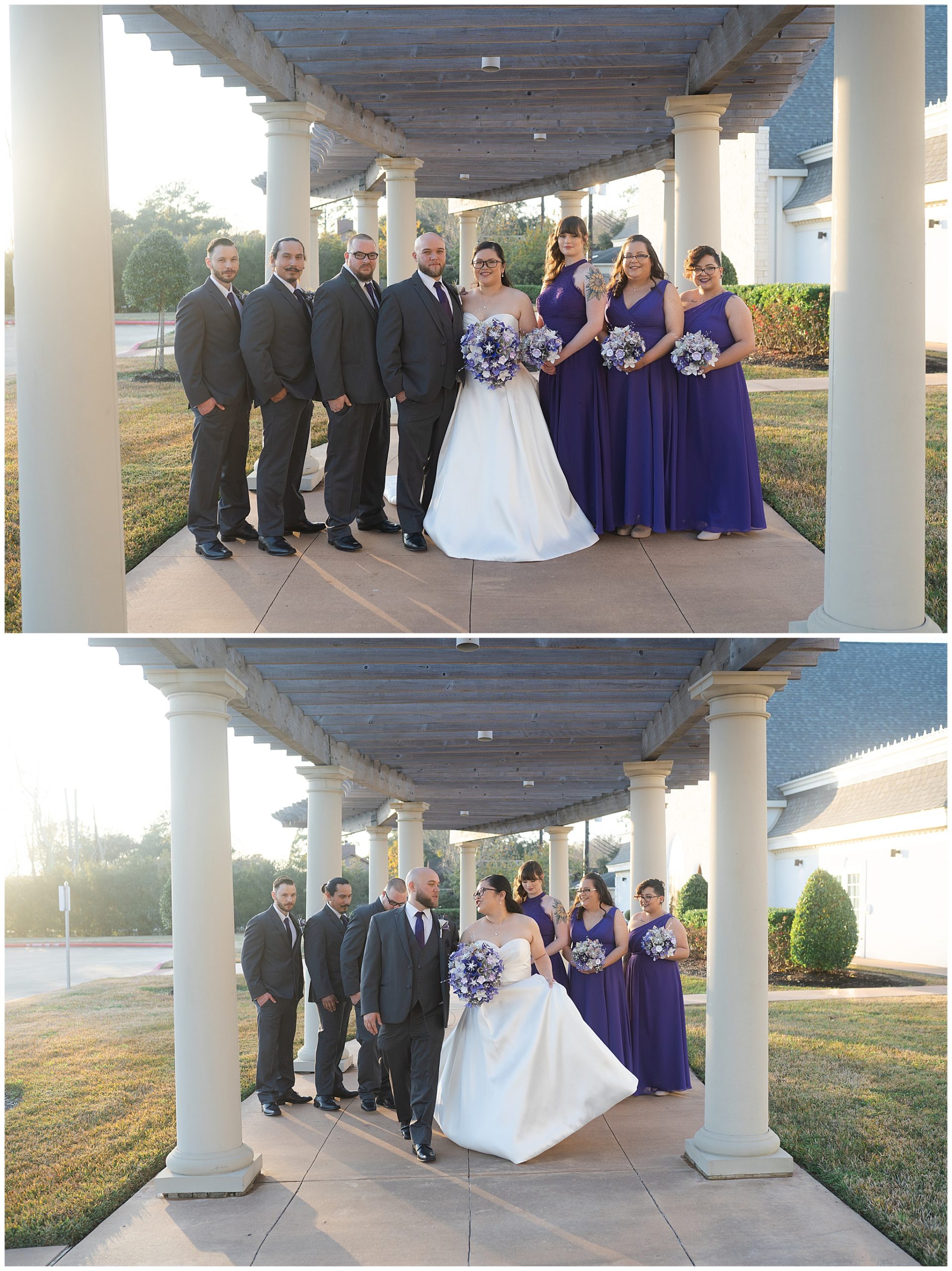 wedding party poses and laughs at Ashton Gardens in Houston Texas by Swish and Click Photography