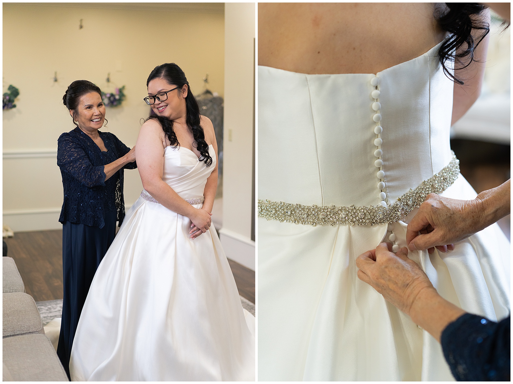 bride being done up by her mother on her wedding day at Ashton Gardens in Houston Texas by Swish and Click Photography