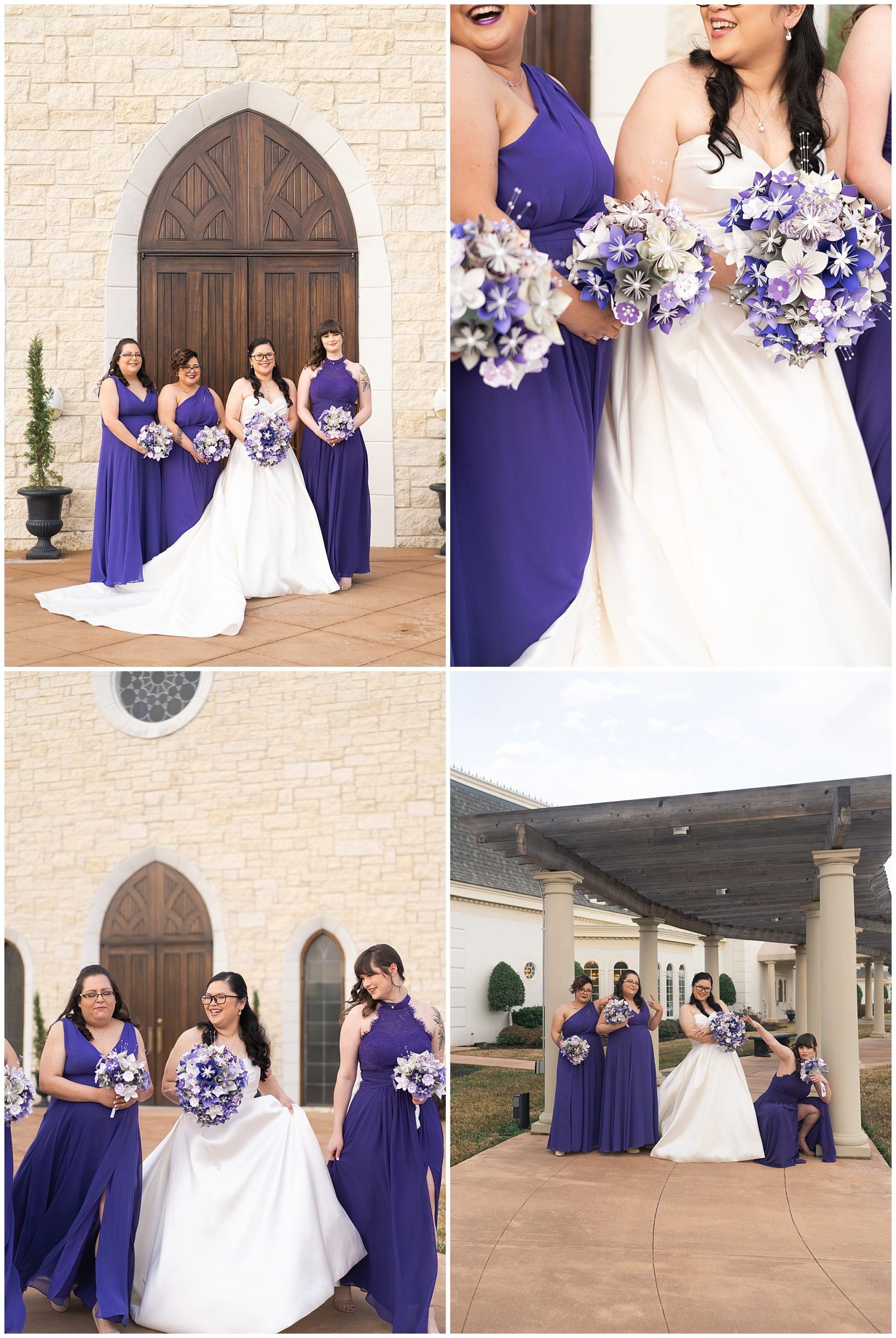 bridal party poses and laughs at Ashton Gardens in Houston Texas by Swish and Click Photography