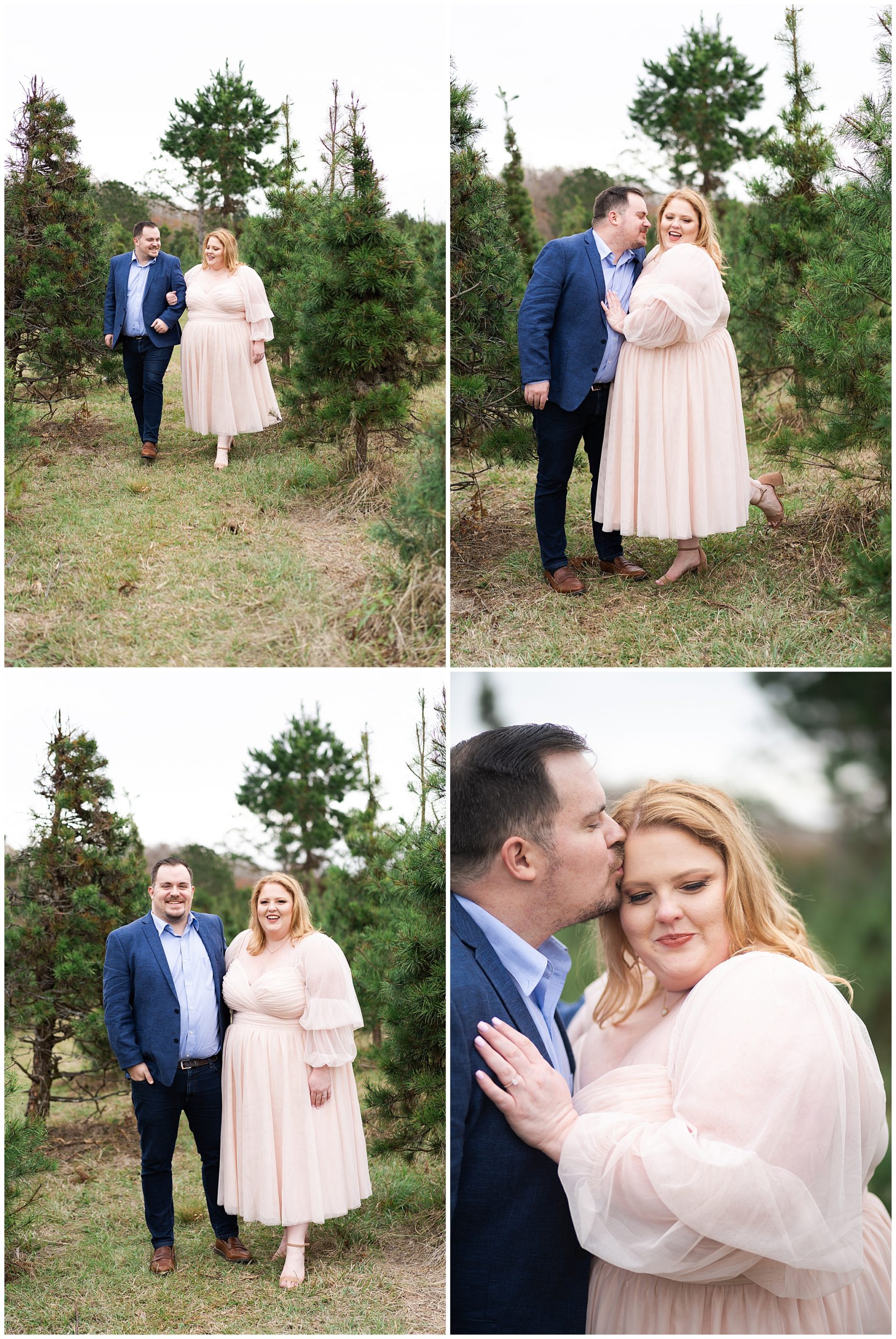 engaged couple kisses during their tree farm portrait session at Holiday Acres in Houston Texas by Swish and Click Photography