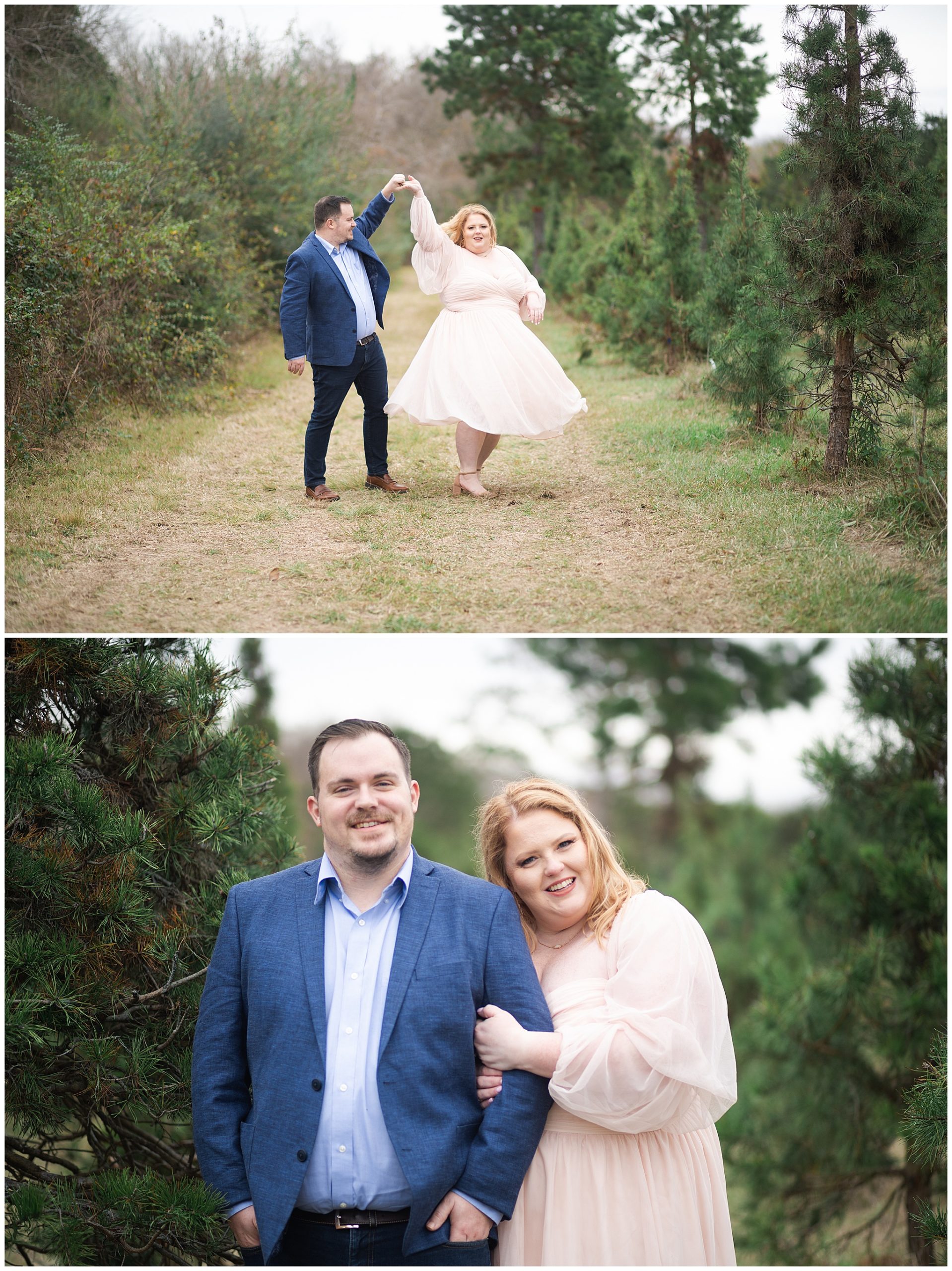 cute couple dances during their tree farm portrait session at Holiday Acres in Houston Texas by Swish and Click Photography
