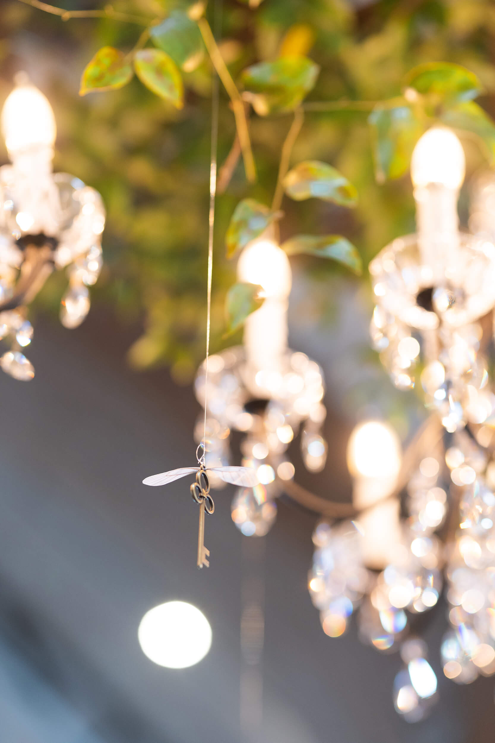 hanging key from chandelier reception space in Crane Hall at Iron Manor in Houston Texas by Swish and Click Photography