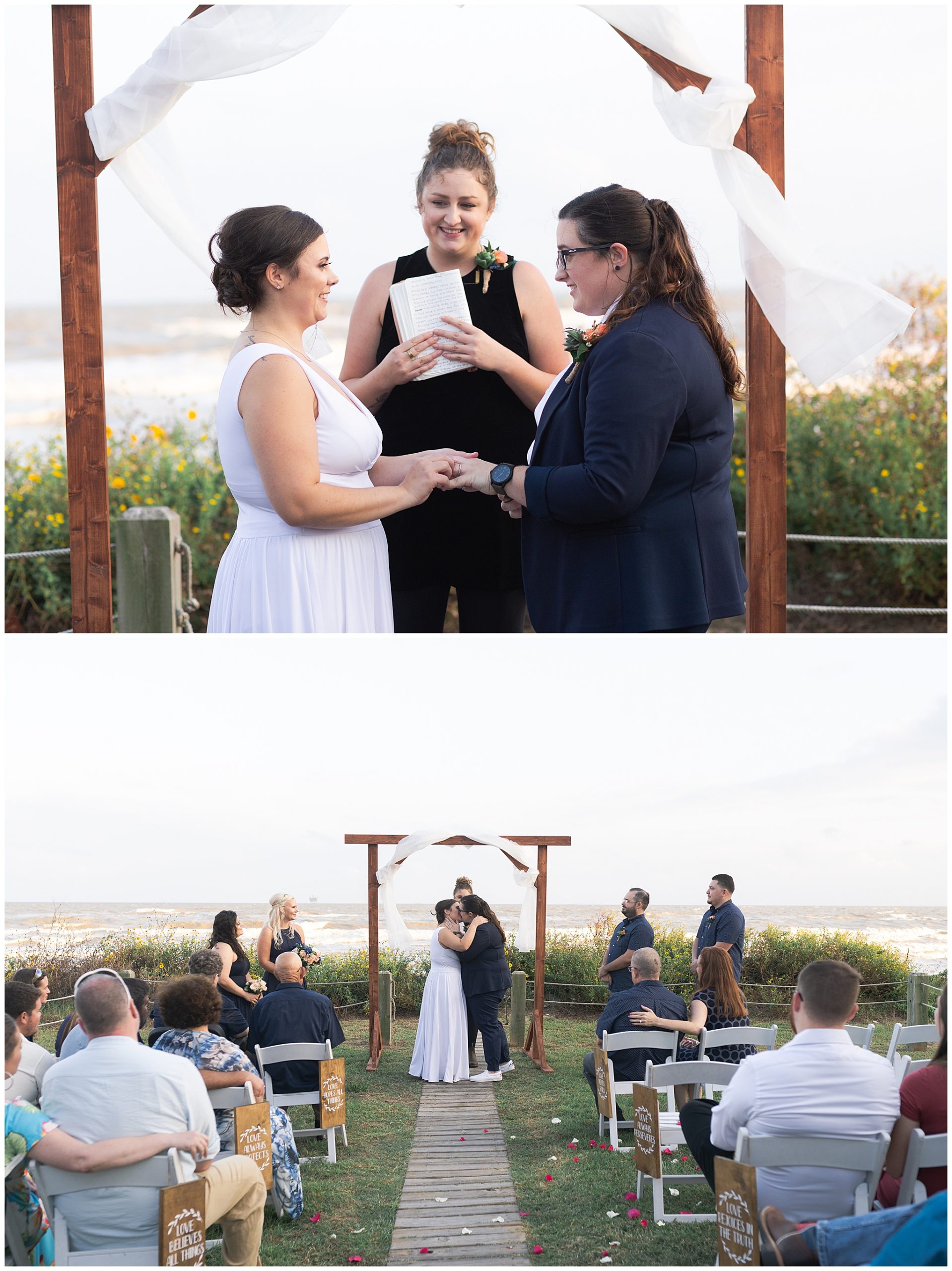 two lesbian brides say their vows during their wedding ceremony on the Galveston Beach by Swish and Click Photography