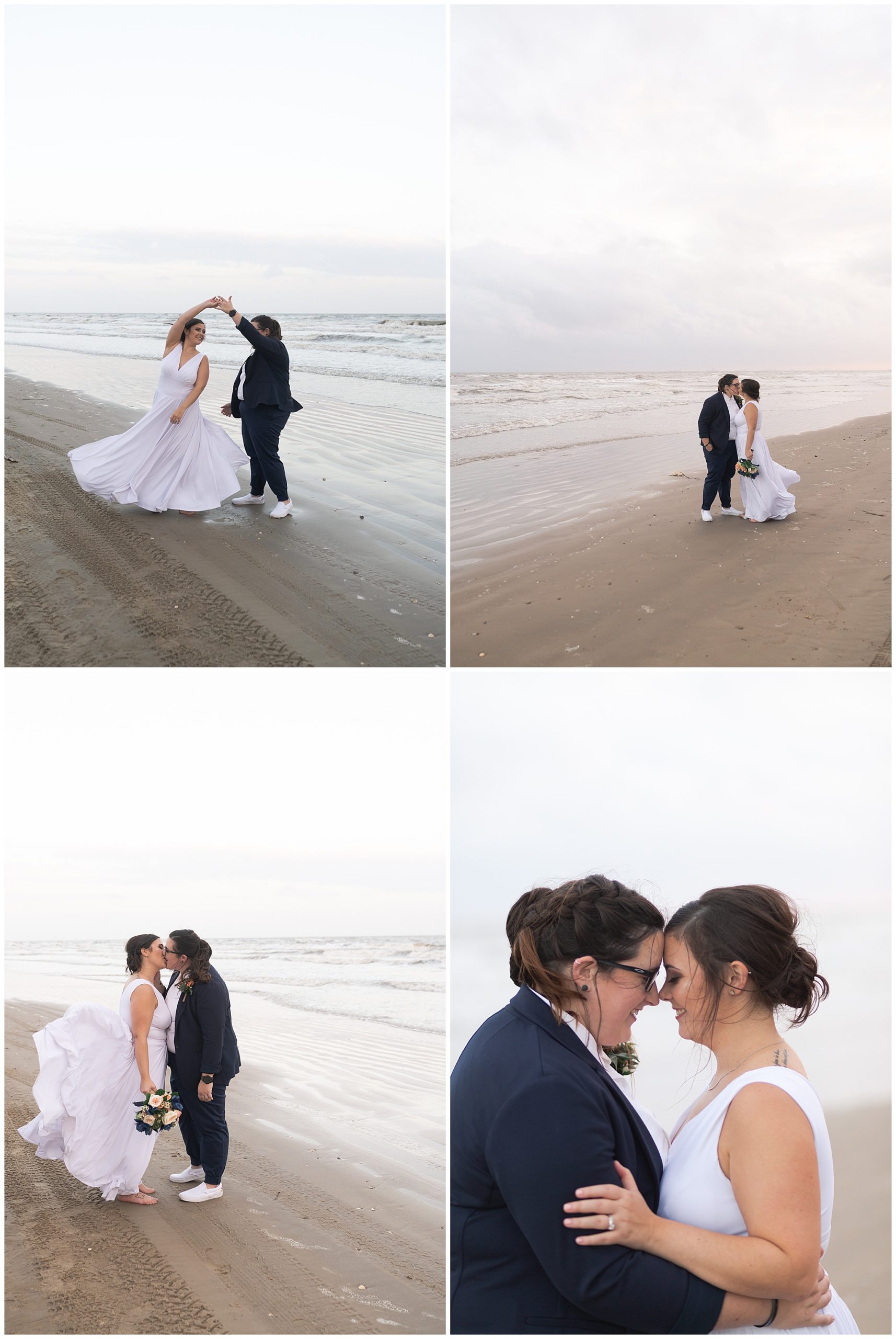 lesbian couples kisses on their wedding day on Galveston Beach by Swish and Click Photography