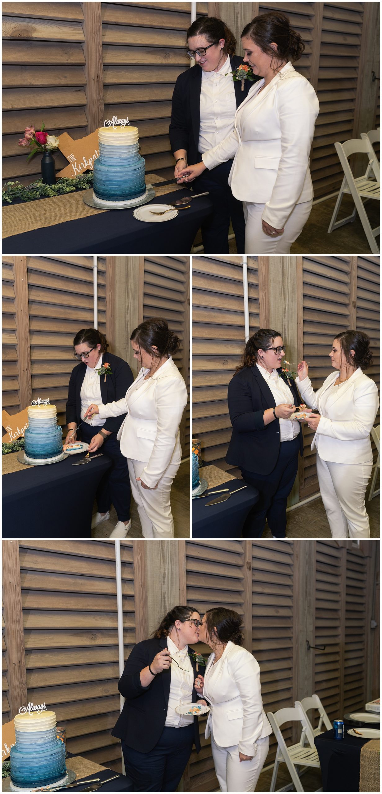 lesbian couple cuts their Harry Potter themed wedding cake during their Galveston beach house wedding in Texas by Swish and Click Photography