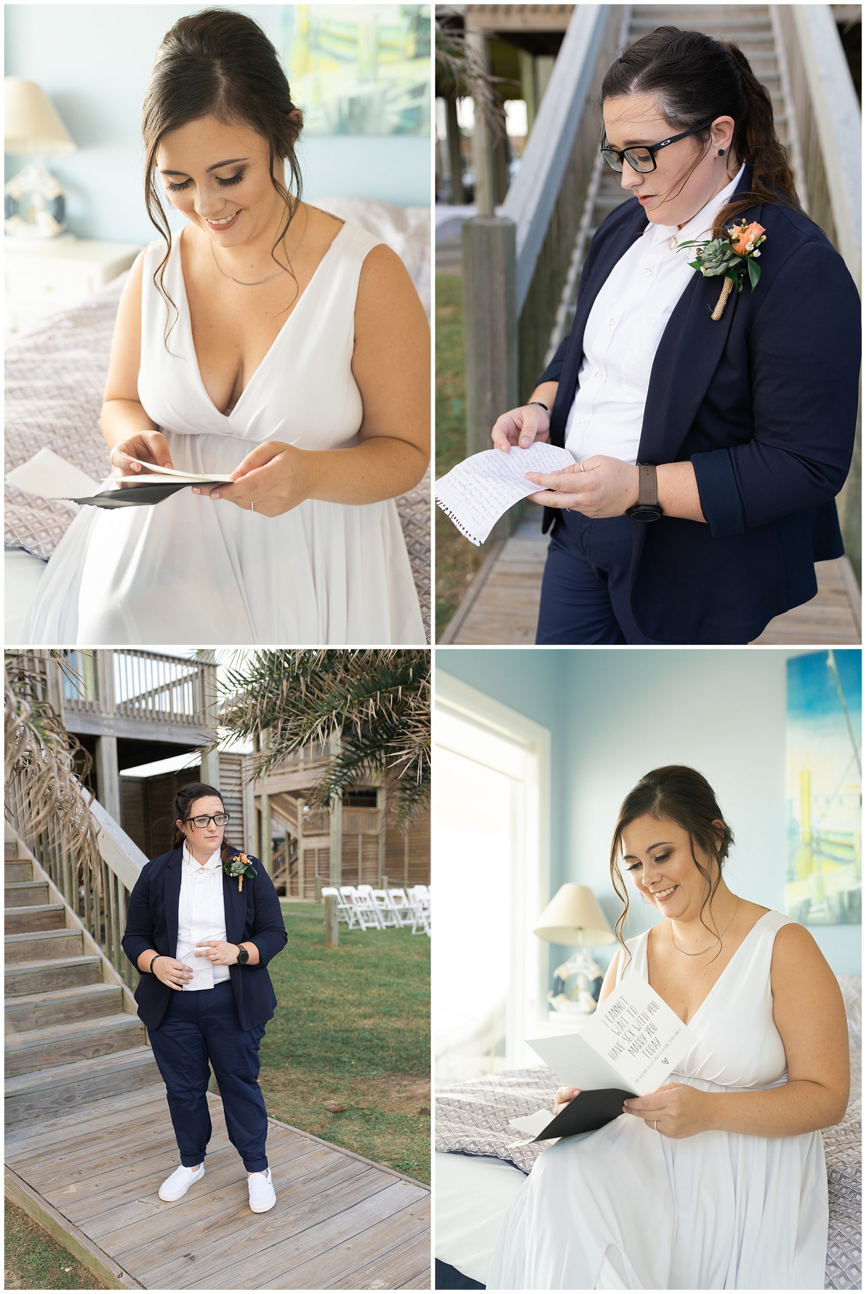 two brides read love notes from each other on their wedding day at a beach house in Galveston Texas by Swish and Click Photography