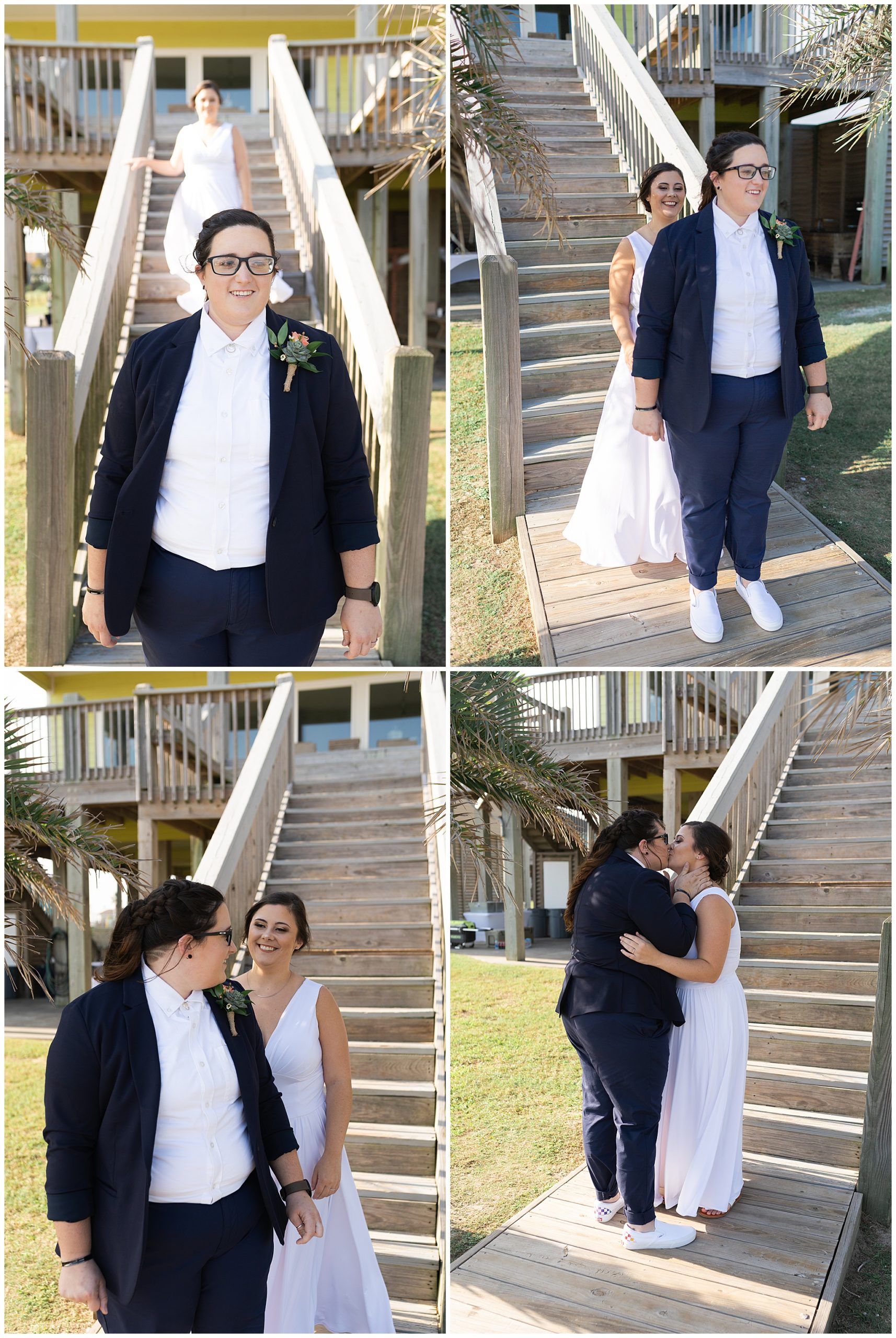lesbian couple have their first look on their wedding day at a beach house in Galveston Texas by Swish and Click Photography