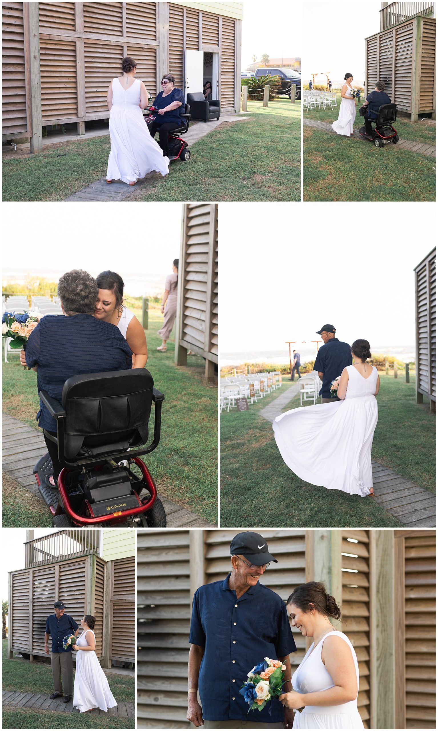bride has her first look with both her mom and day on her wedding day at a beach house in Galveston Texas by Swish and Click Photography