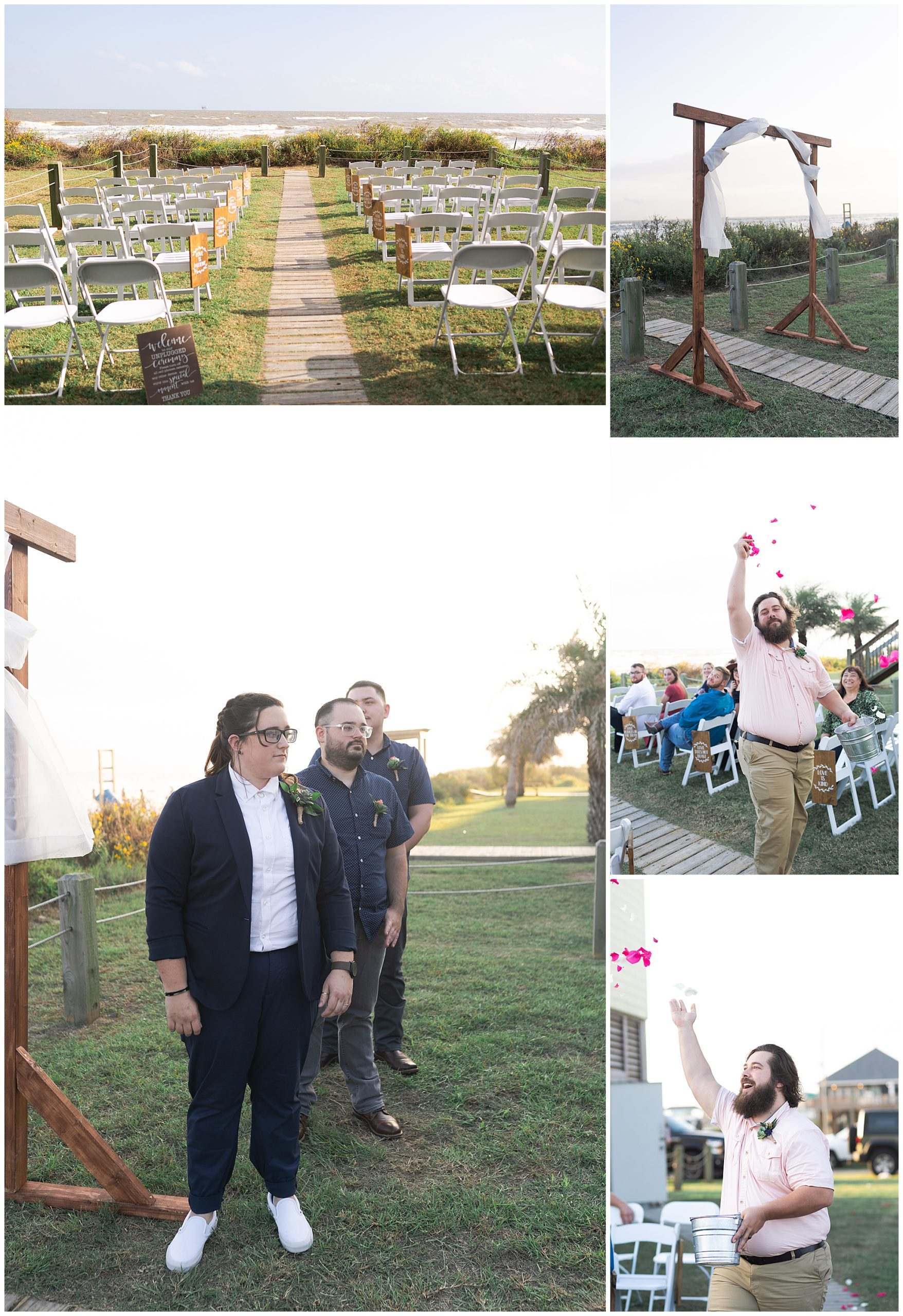 flower man and then the bride walks down the aisle at her wedding on the Galveston Beach by Swish and Click Photography
