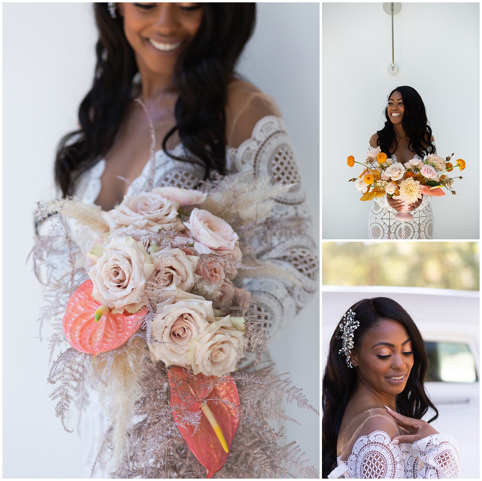 bride smiles on her wedding day at the Luminaire wedding venue in Houston Texas by Swish and Click Photography