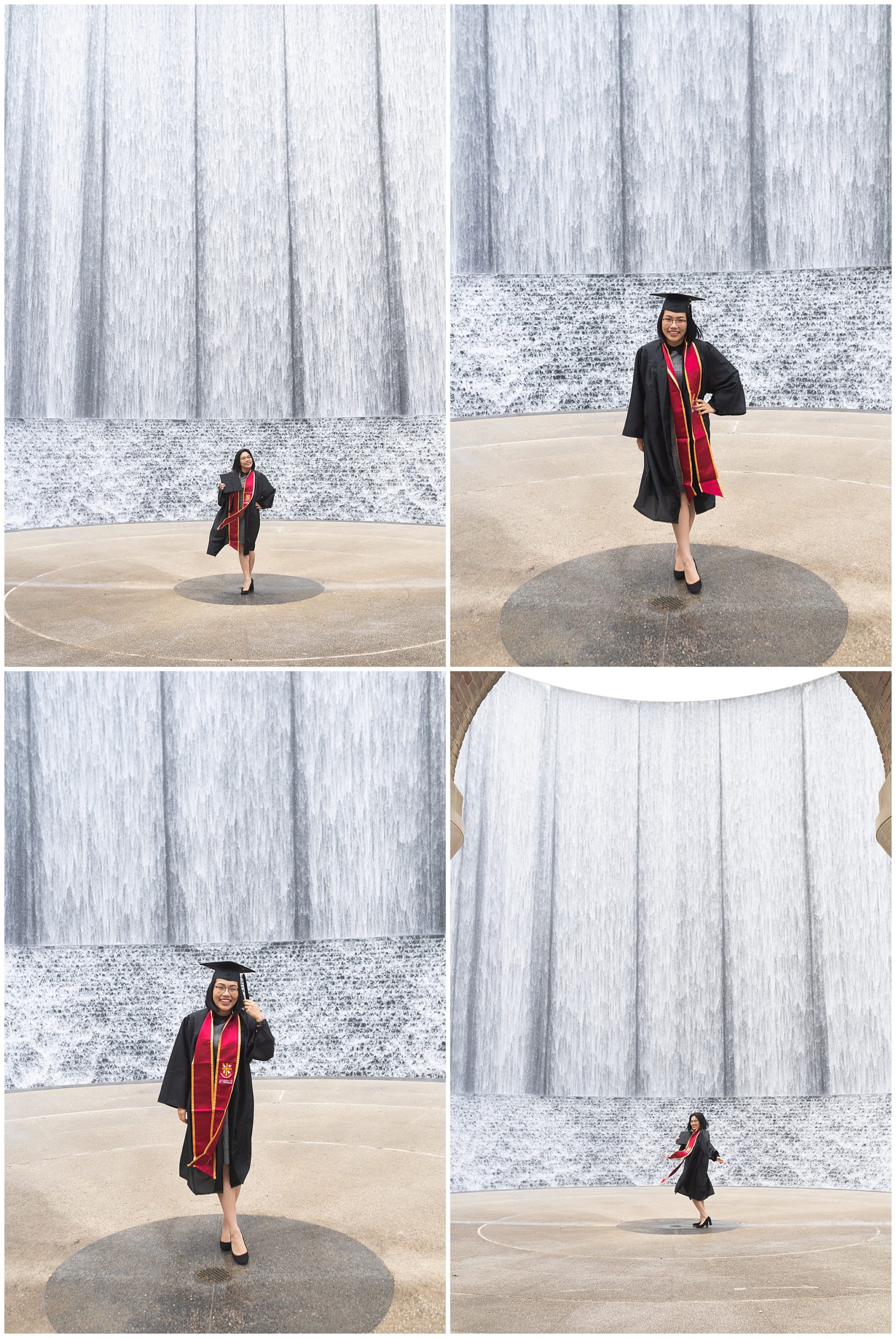 Houston graduate smiles at the Gerald D Hines Waterwall in Houston Texas by Swish and Click Photography