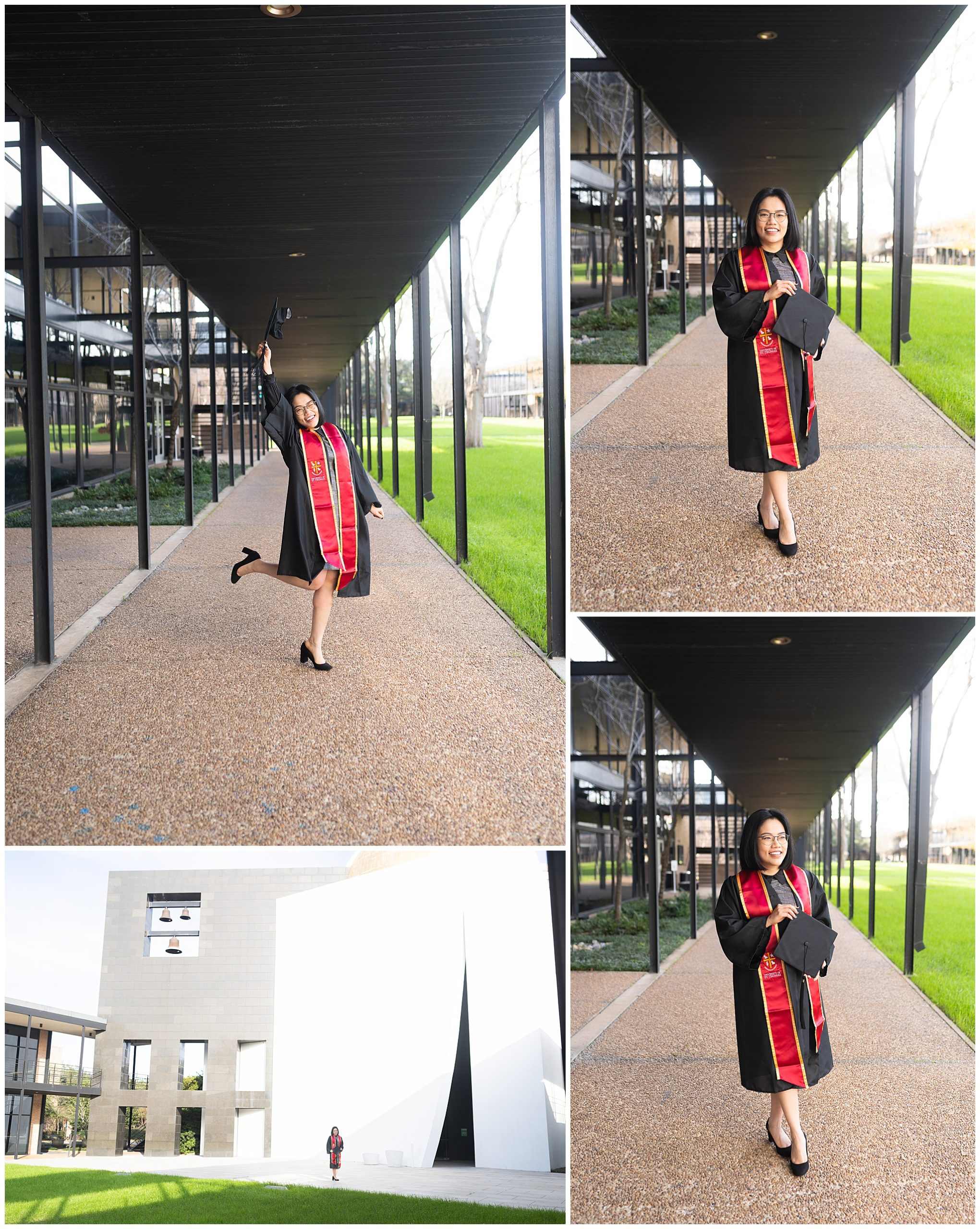 St. Thomas Univeristy graduate celebrates graduating on campus in Houston Texas by Swish and Click Photography