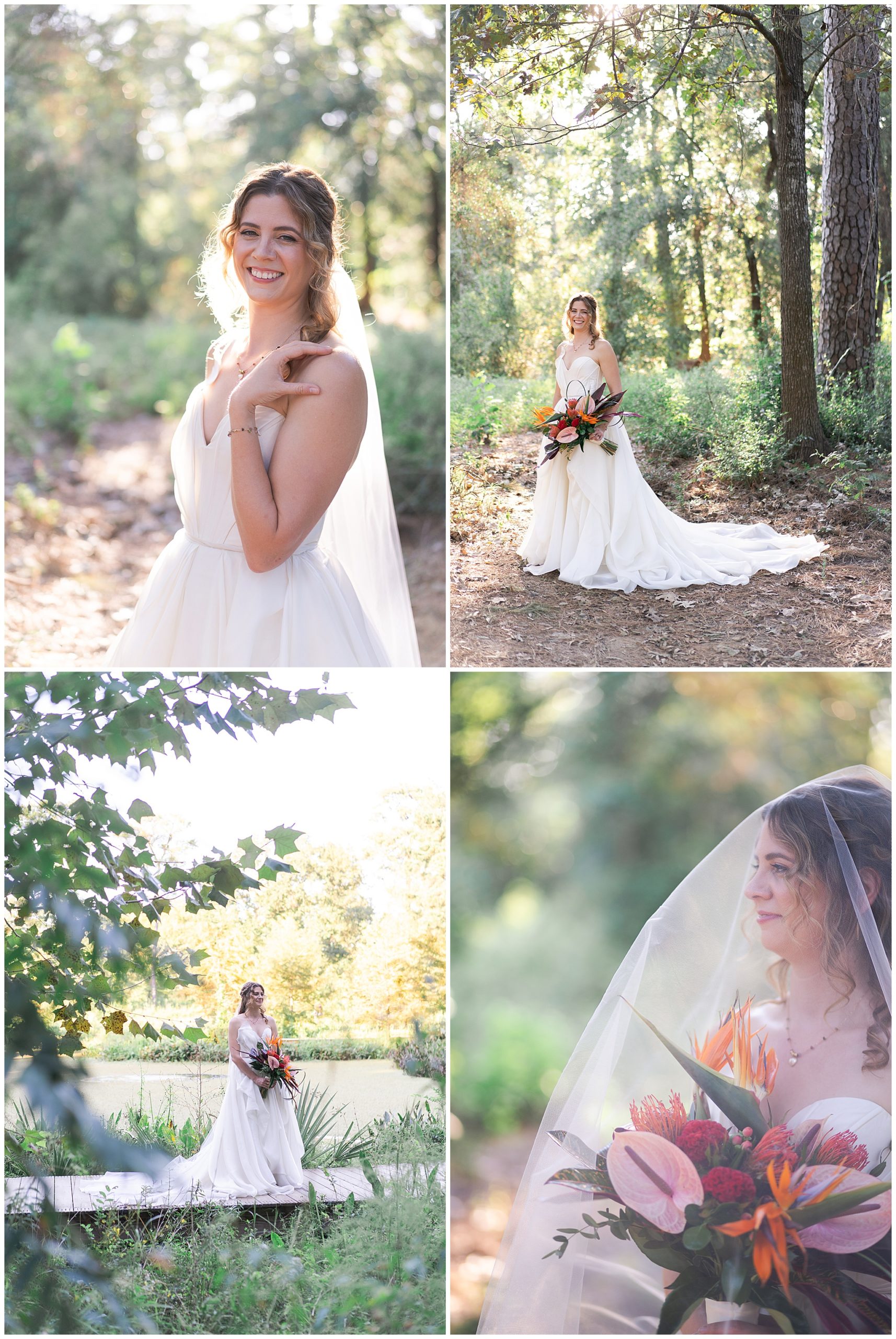 bride smiles during her bridal portraits at the Houston Arboretum by Swish and Click Photography