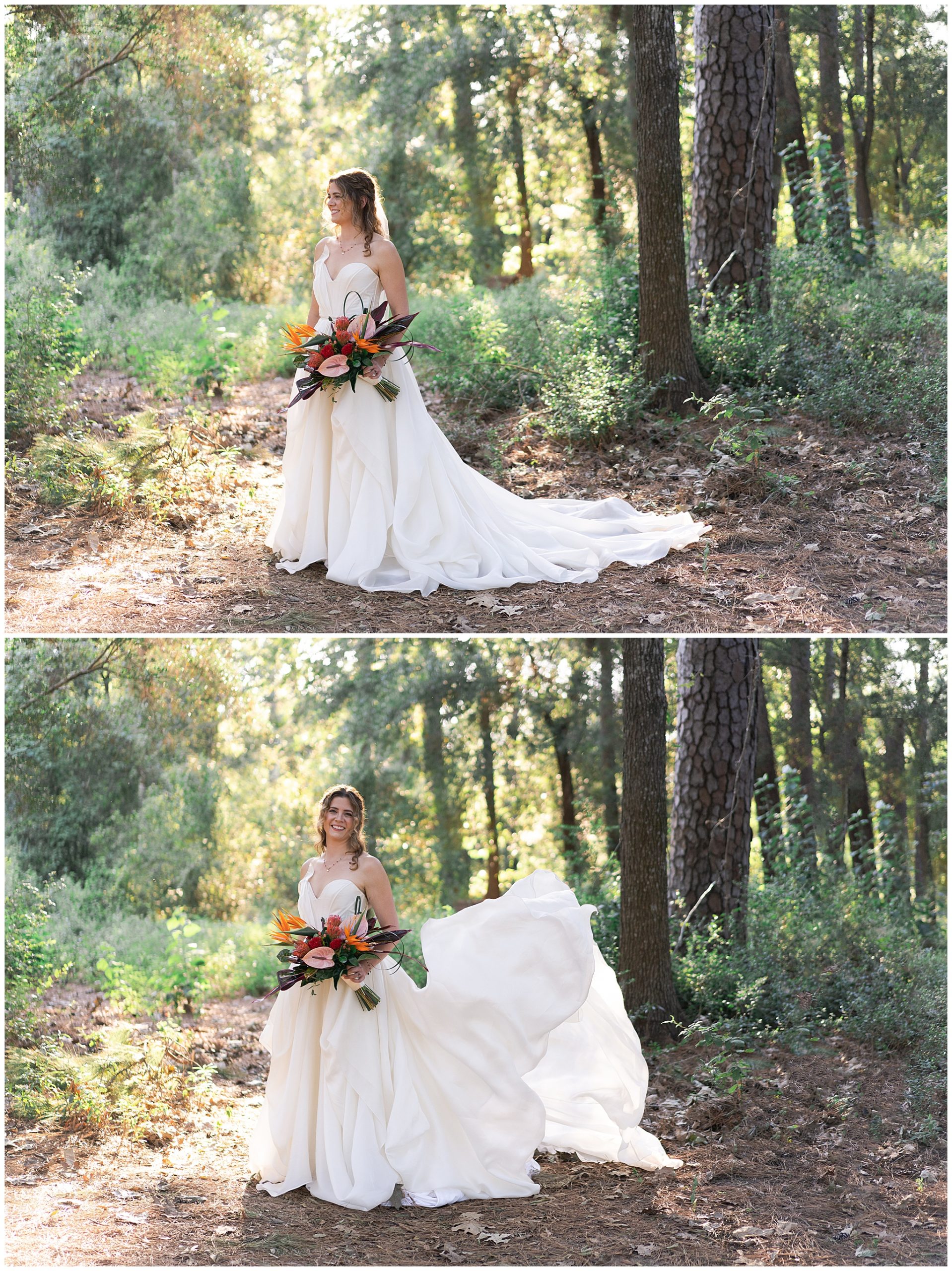 bride's gown floats to the ground during her bridal portraits at the Houston Arboretum by Swish and Click Photography