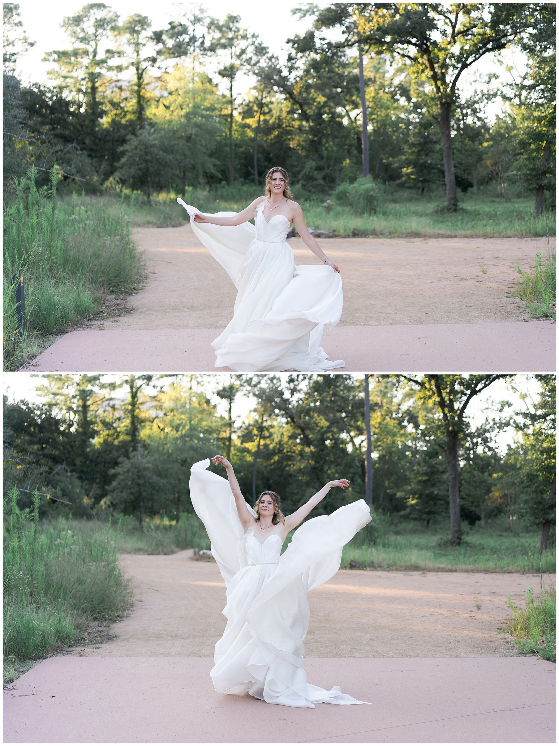 bride tosses her gown during her bridal portraits at the Houston Arboretum by Swish and Click Photography