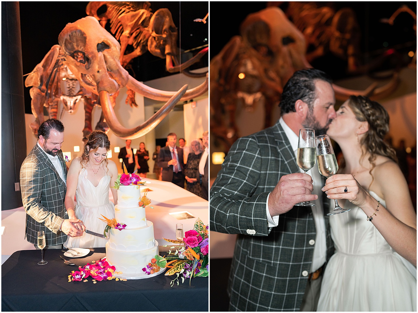 Wedding Cake Cutting with Dinosaurs at Houston Museum of Natural Science Wedding Reception | Swish and Click Photography