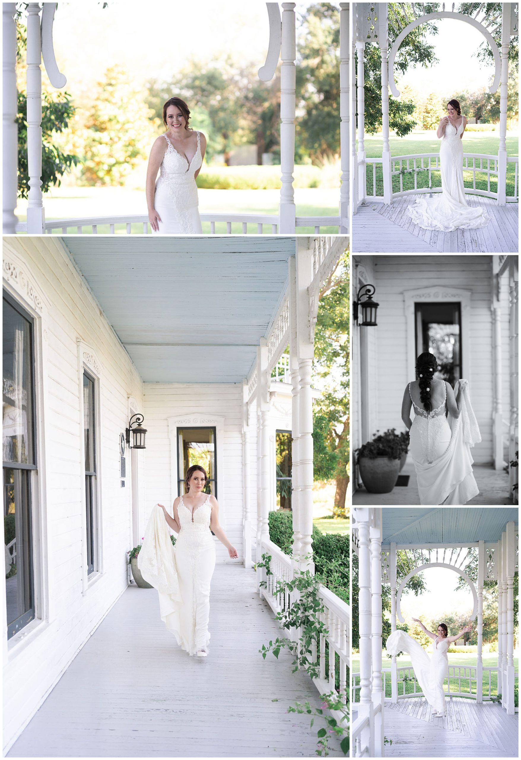 bride walks in her wedding gown on the porch of Barr Mansion by Swish and Click Photography