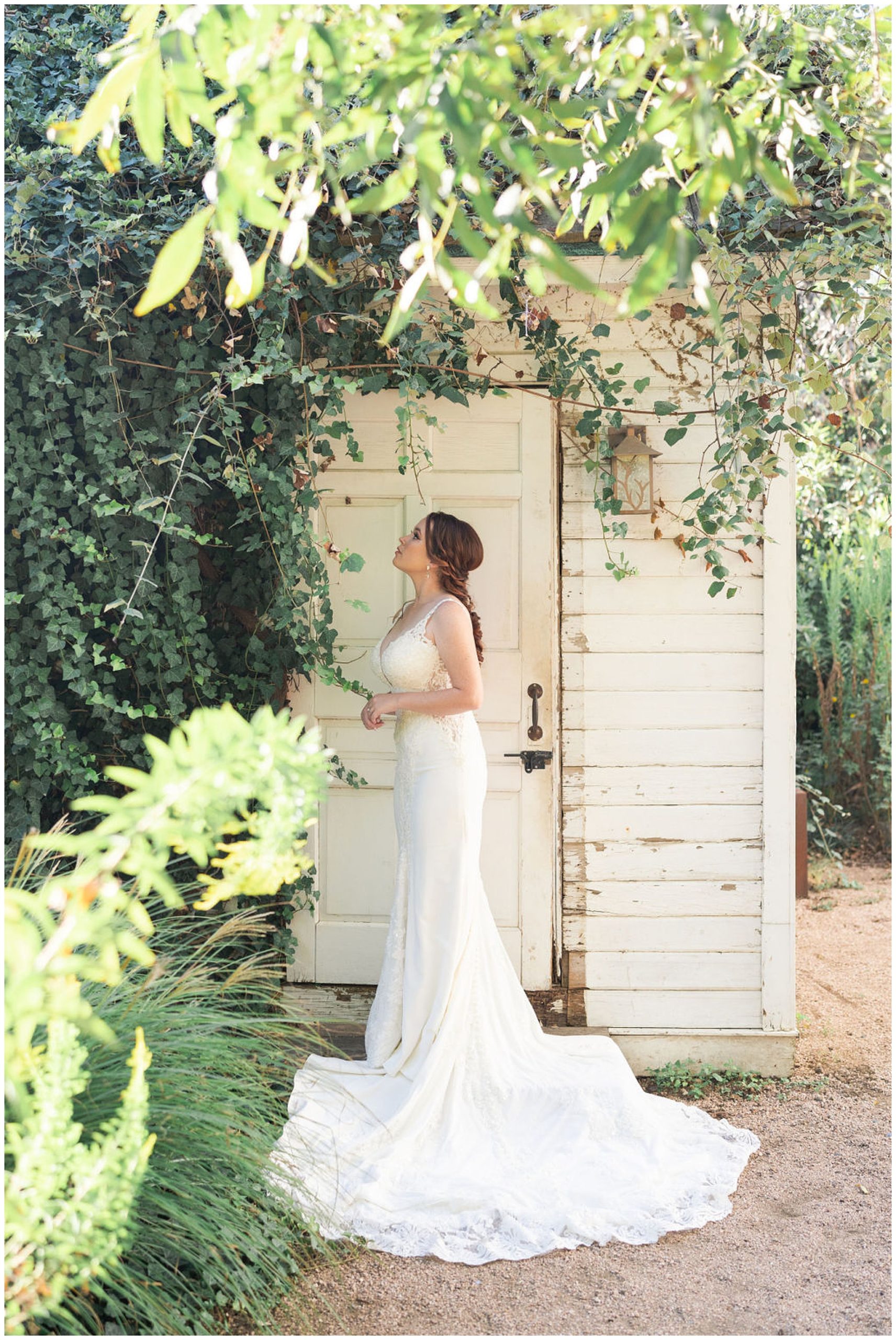 bride gazes in wonder at the greenery at Barr Mansion in Austin Texas by Swish and Click Photography