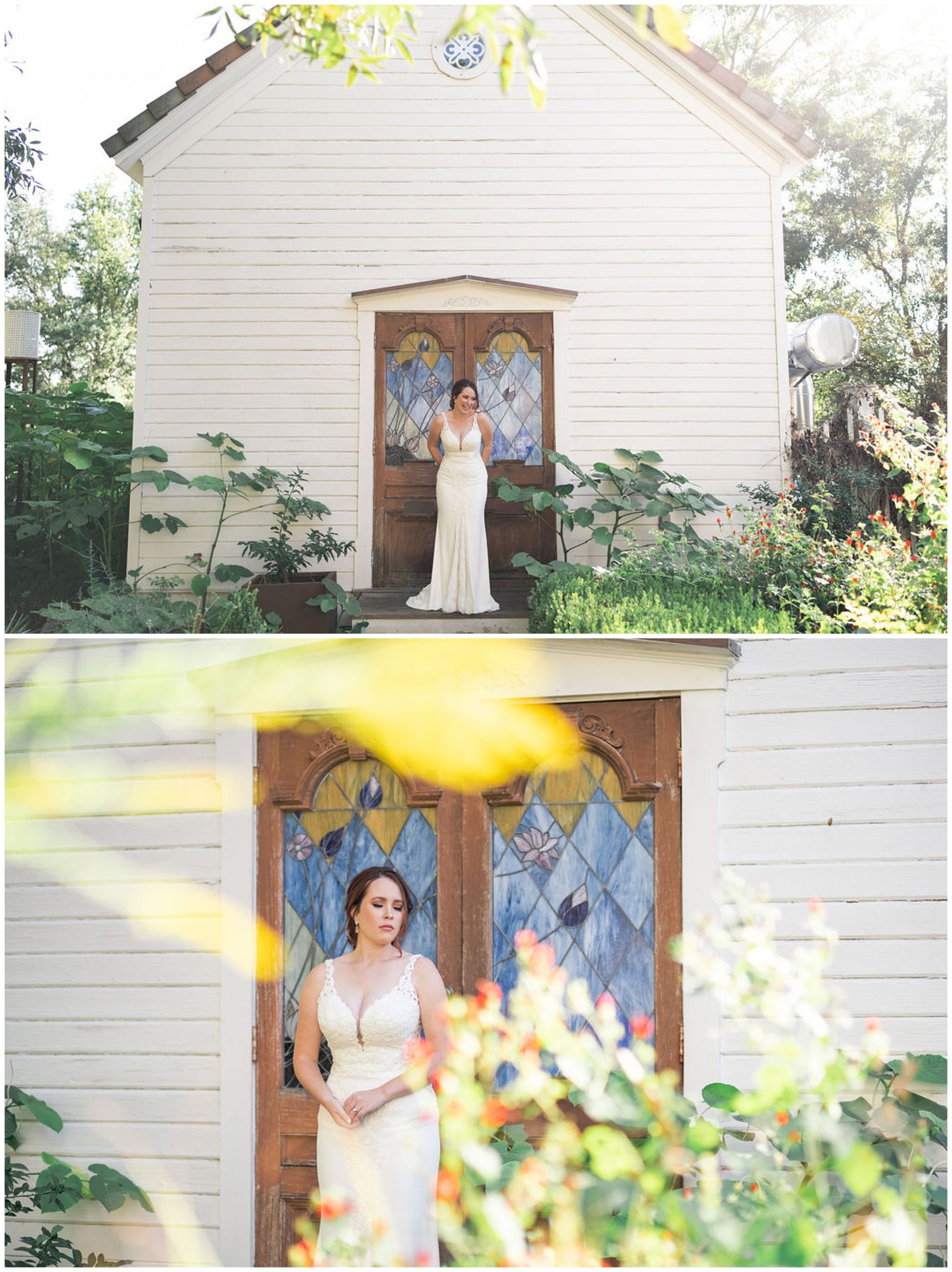 bride poses on the chapel steps at Barr Mansion in Austin Texas by Swish and Click Photography