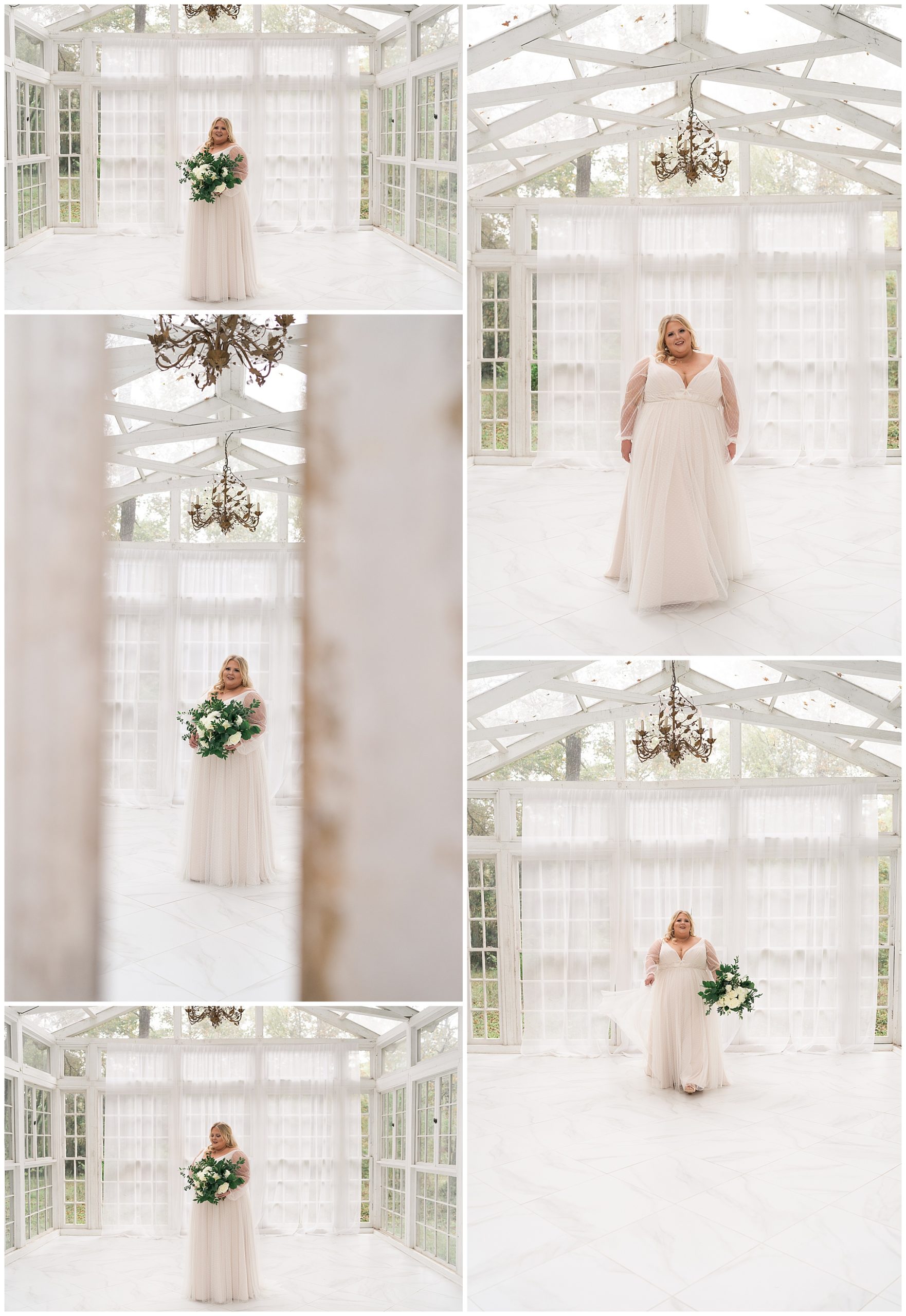 bride walks in her wedding gown at the Oak Atelier in Houston by Swish and Click Photography