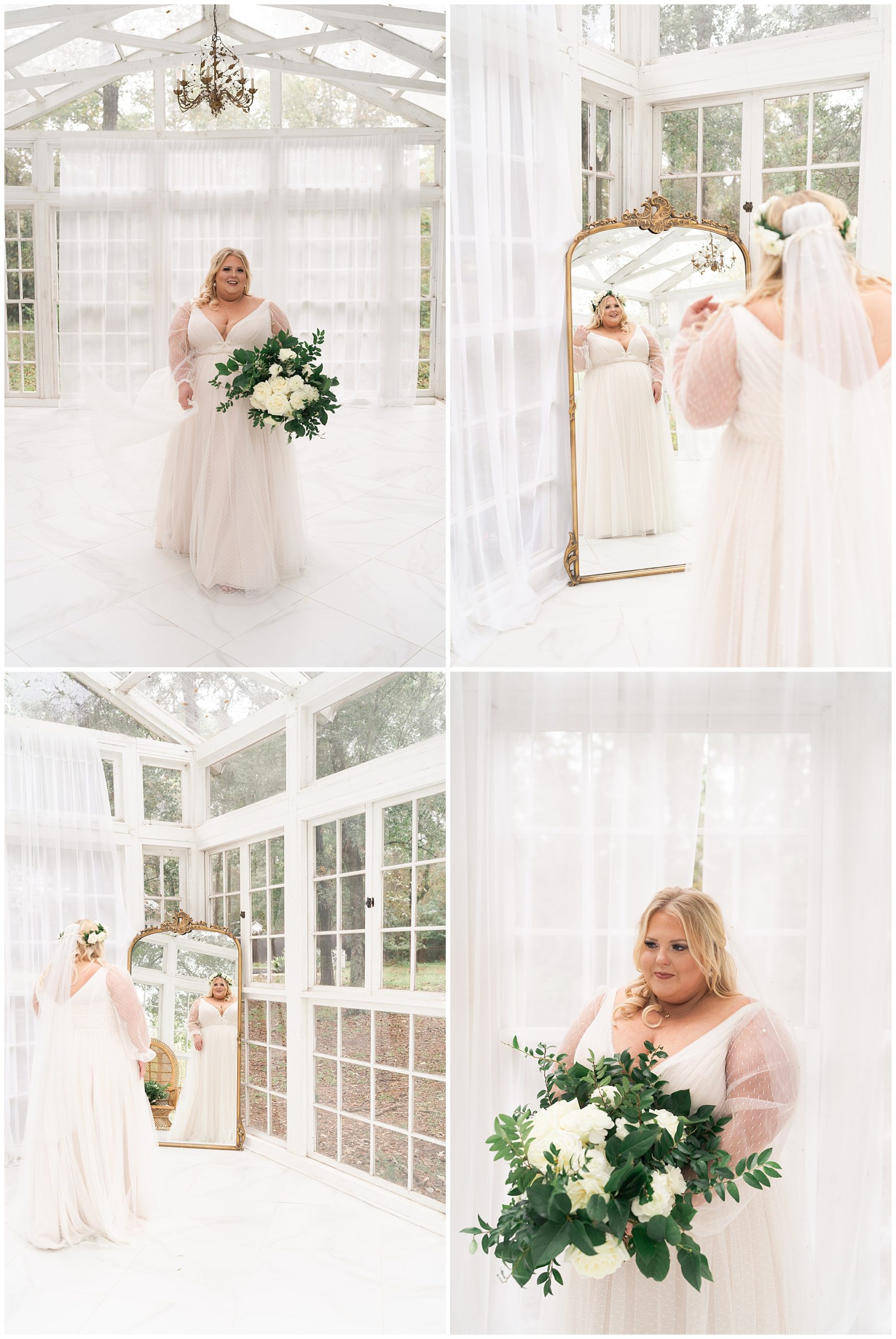 bride dances in her wedding gown at the Oak Atelier in Houston by Swish and Click Photography