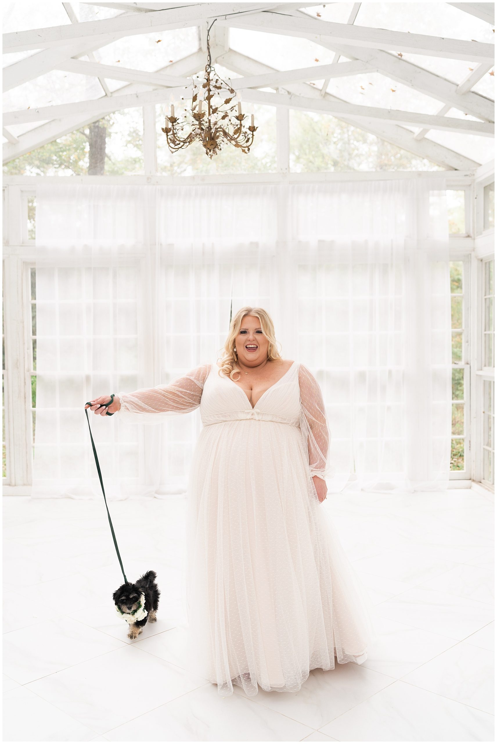 bride walks her dog Waffles in her wedding gown at the Oak Atelier in Houston by Swish and Click Photography