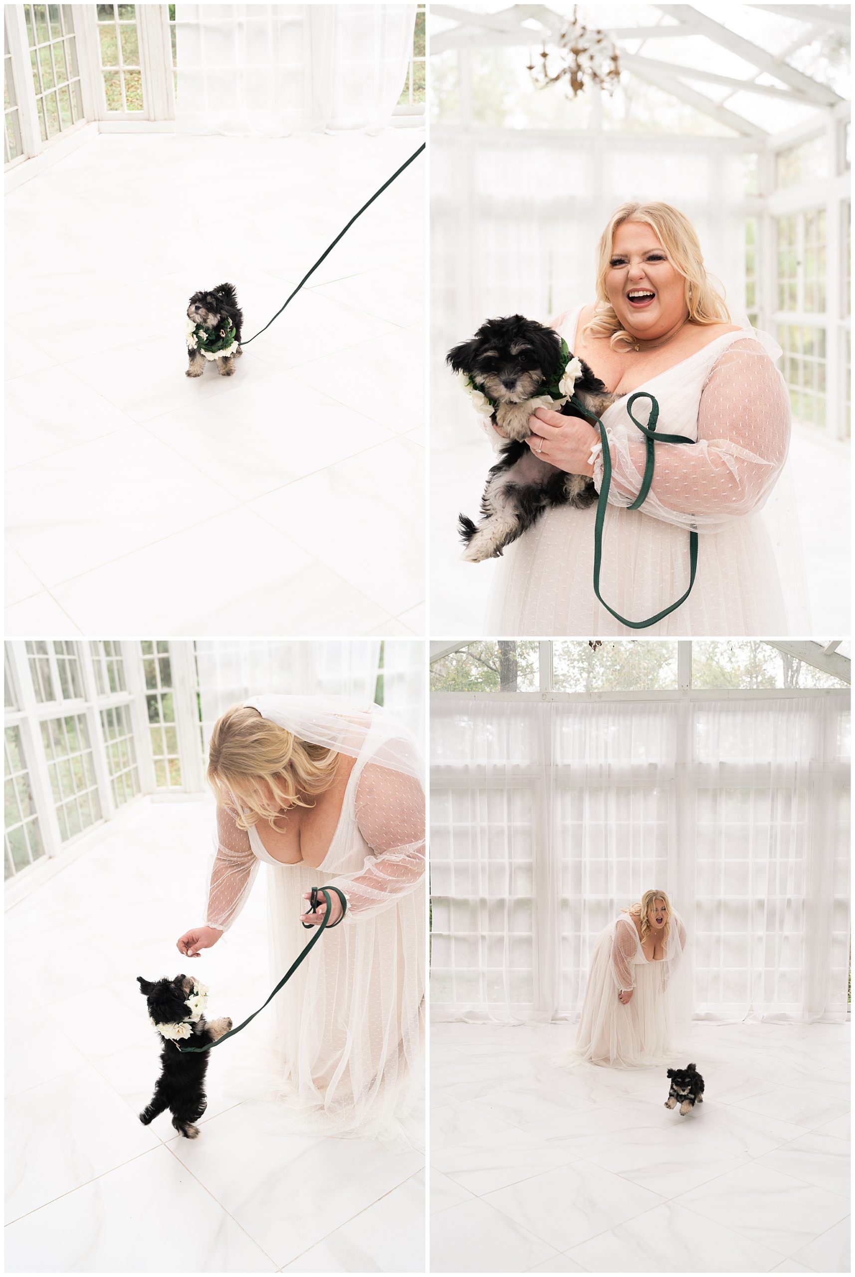 bride plays with her puppy Waffles during her bridal portraits at the Oak Atelier captured by Swish and Click Photography