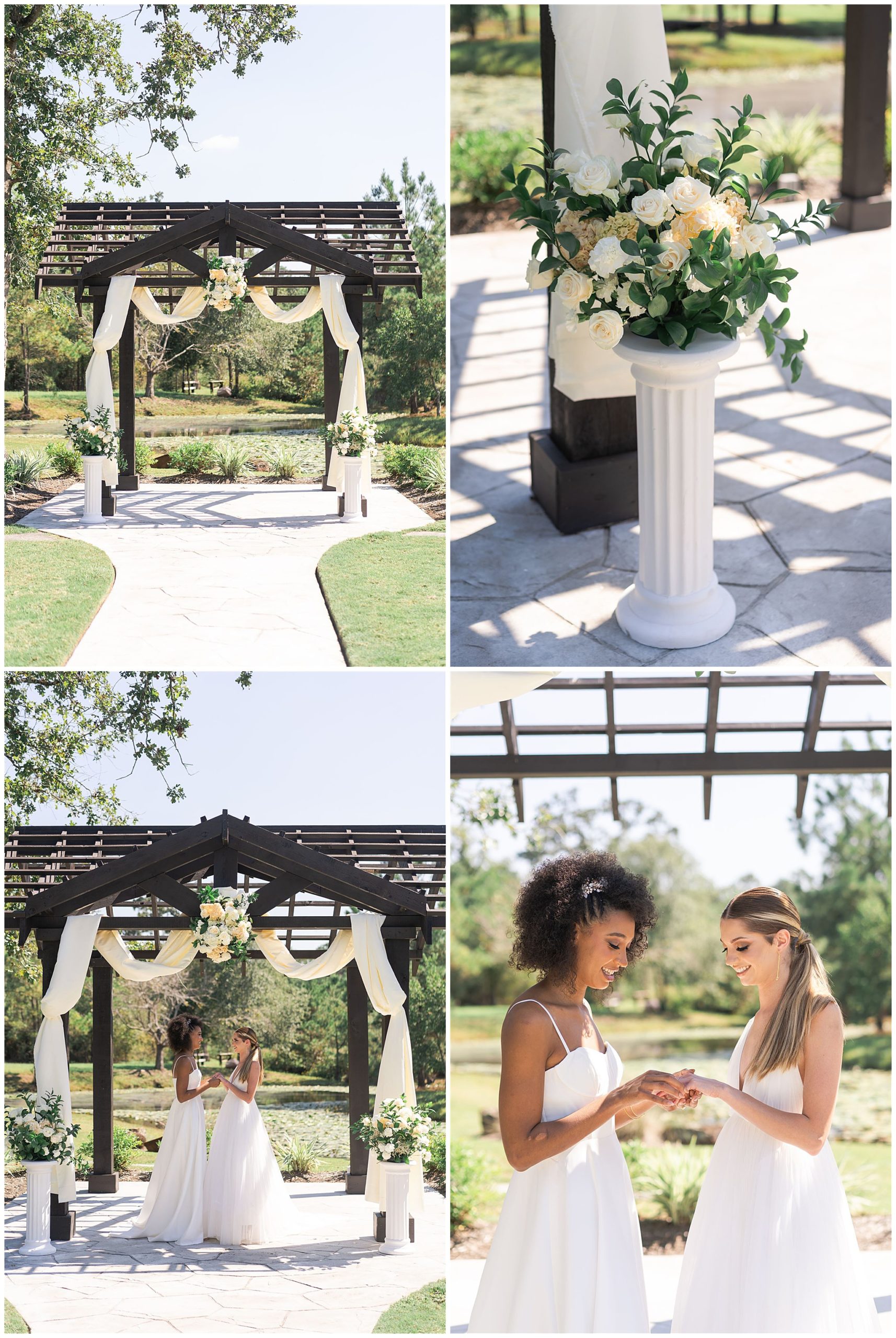 lesbian wedding ceremony captured at 15 acres wedding venue by Swish and Click Photography in Houston Texas
