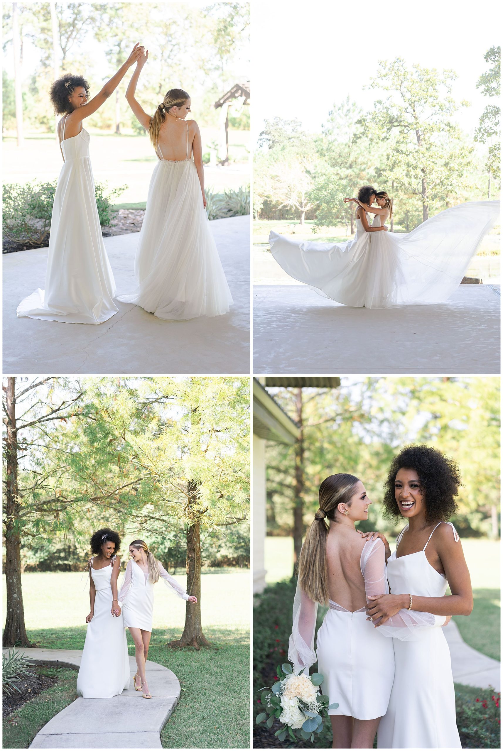 lesbian couple poses on their wedding day captured at 15 acres wedding venue by Swish and Click Photography in Houston Texas