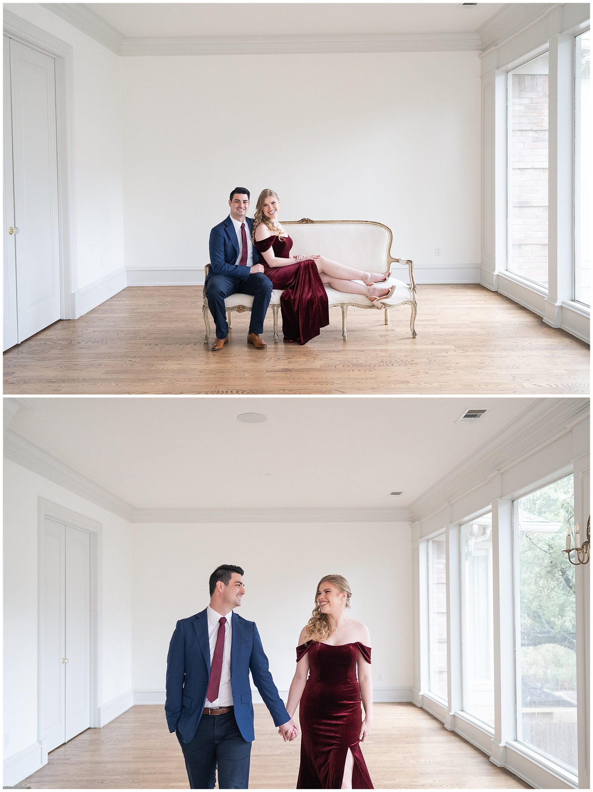 couple poses during their engagement session at the Creative Chateau in Houston by Swish and Click Photography