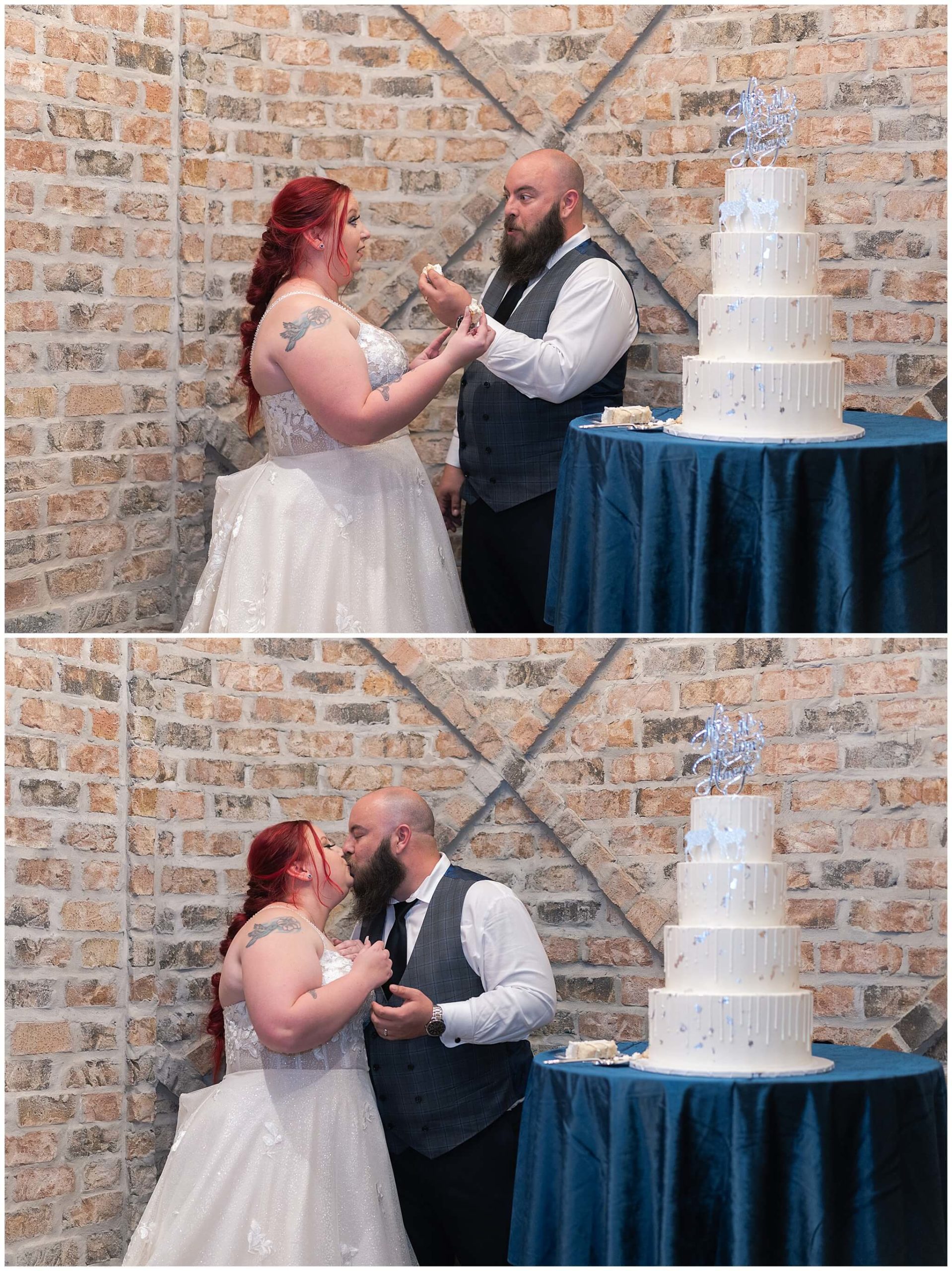bride and groom cut their wedding cake at Iron Manor in Houston Texas by Swish and Click Photography
