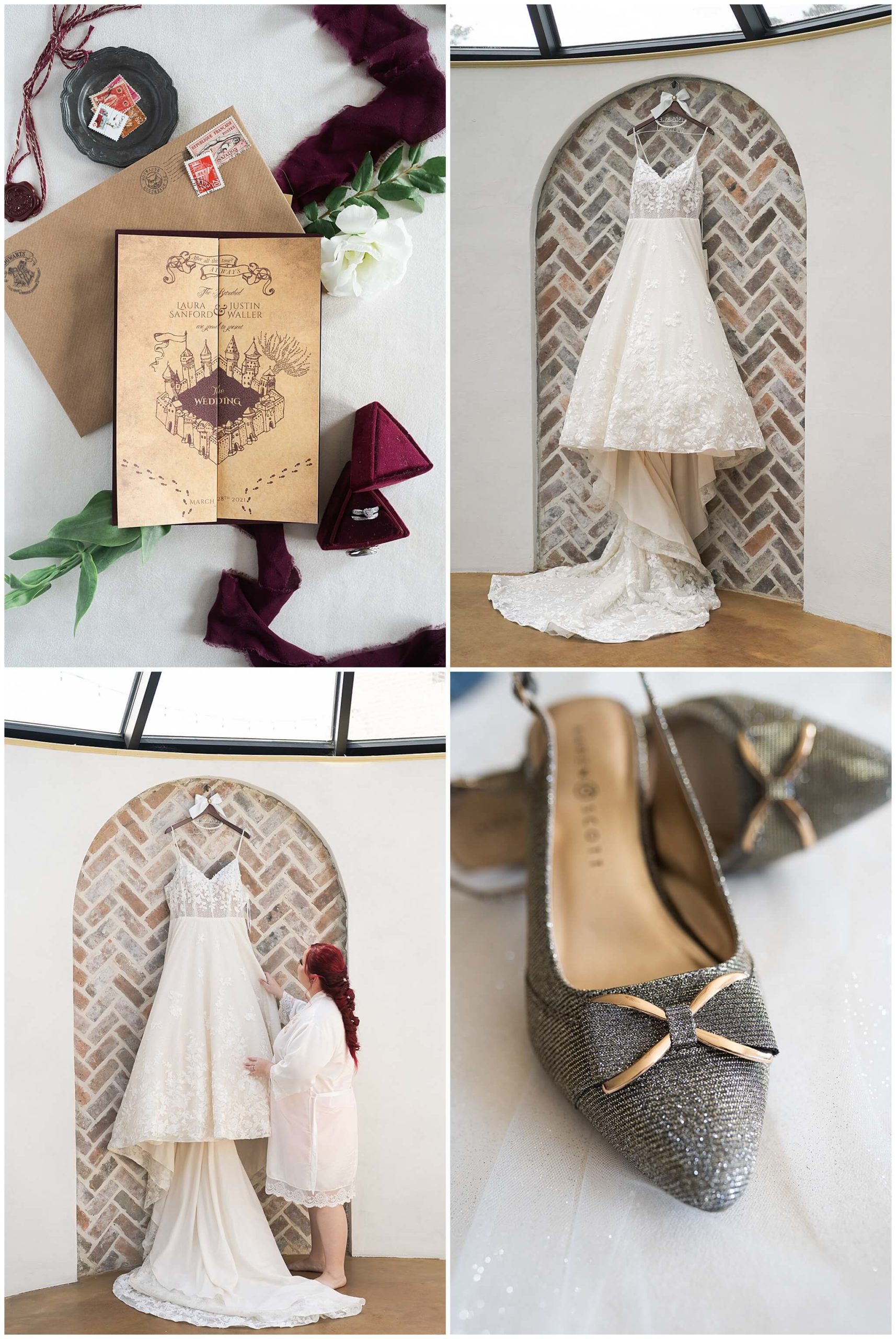 Harry Potter wedding invitation suite and gown at Iron Manor in Houston Texas by Swish and Click Photography