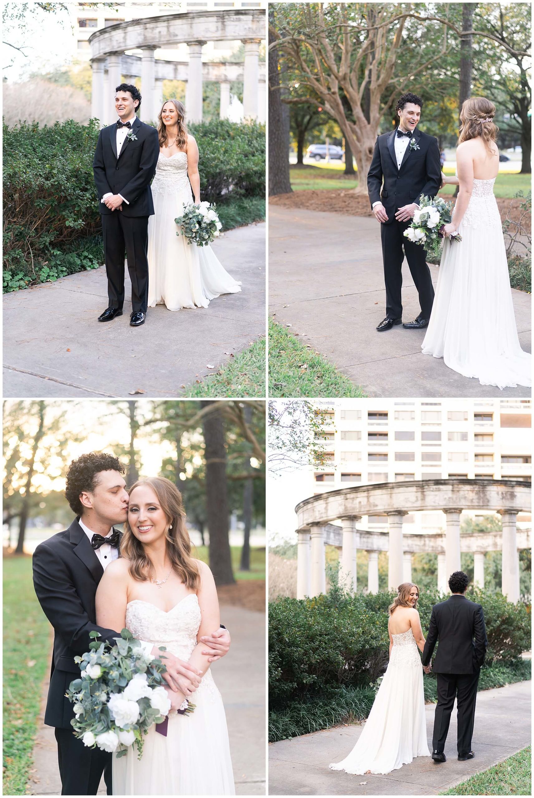 first look between a wedding couple at Mecom Rockwell Colonnade by Houston wedding photographer Swish and Click Photography