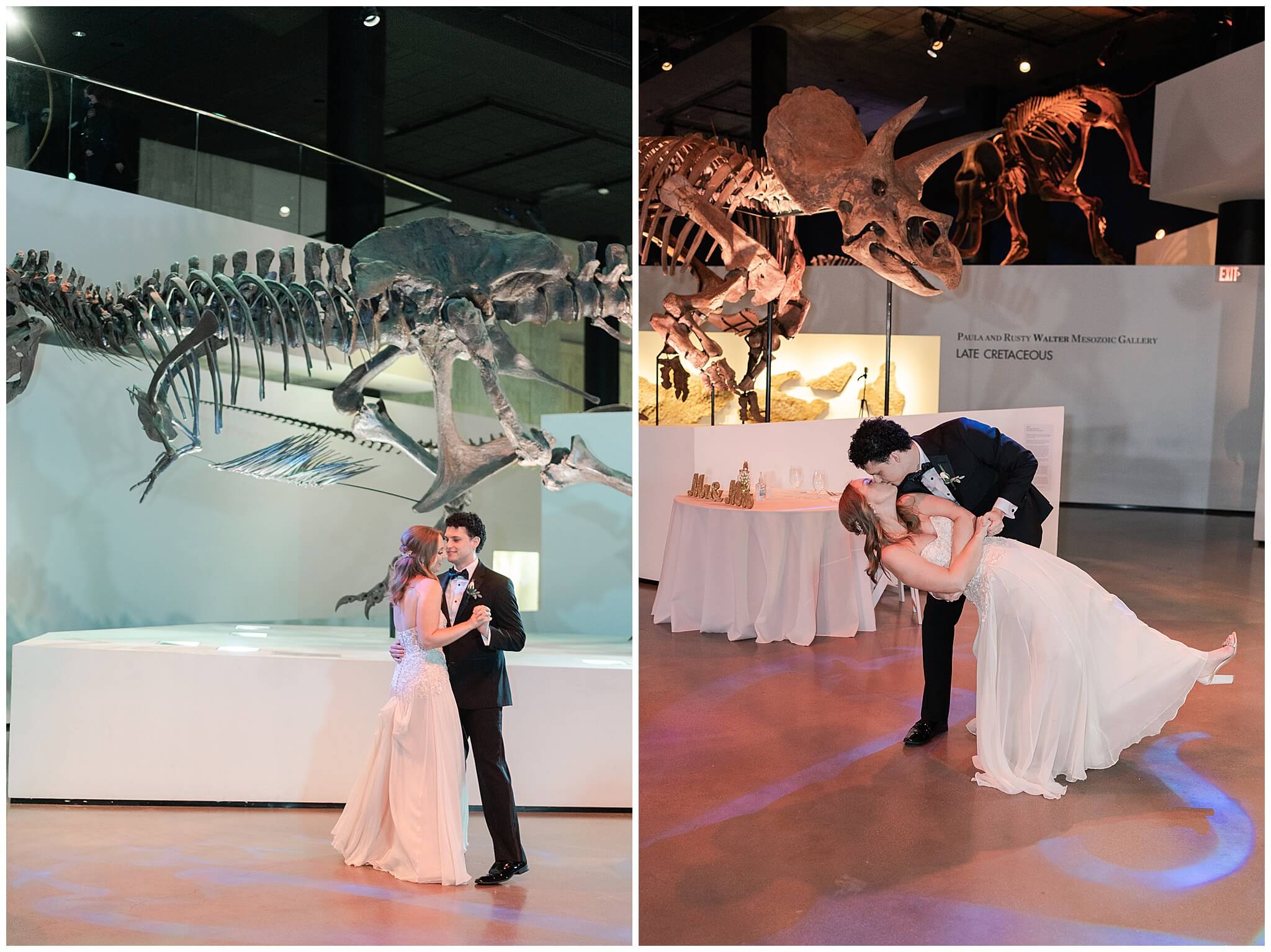 bride and groom have their first dance on their wedding dat at at the Museum of Natural Science by Houston wedding photographer Swish and Click Photography