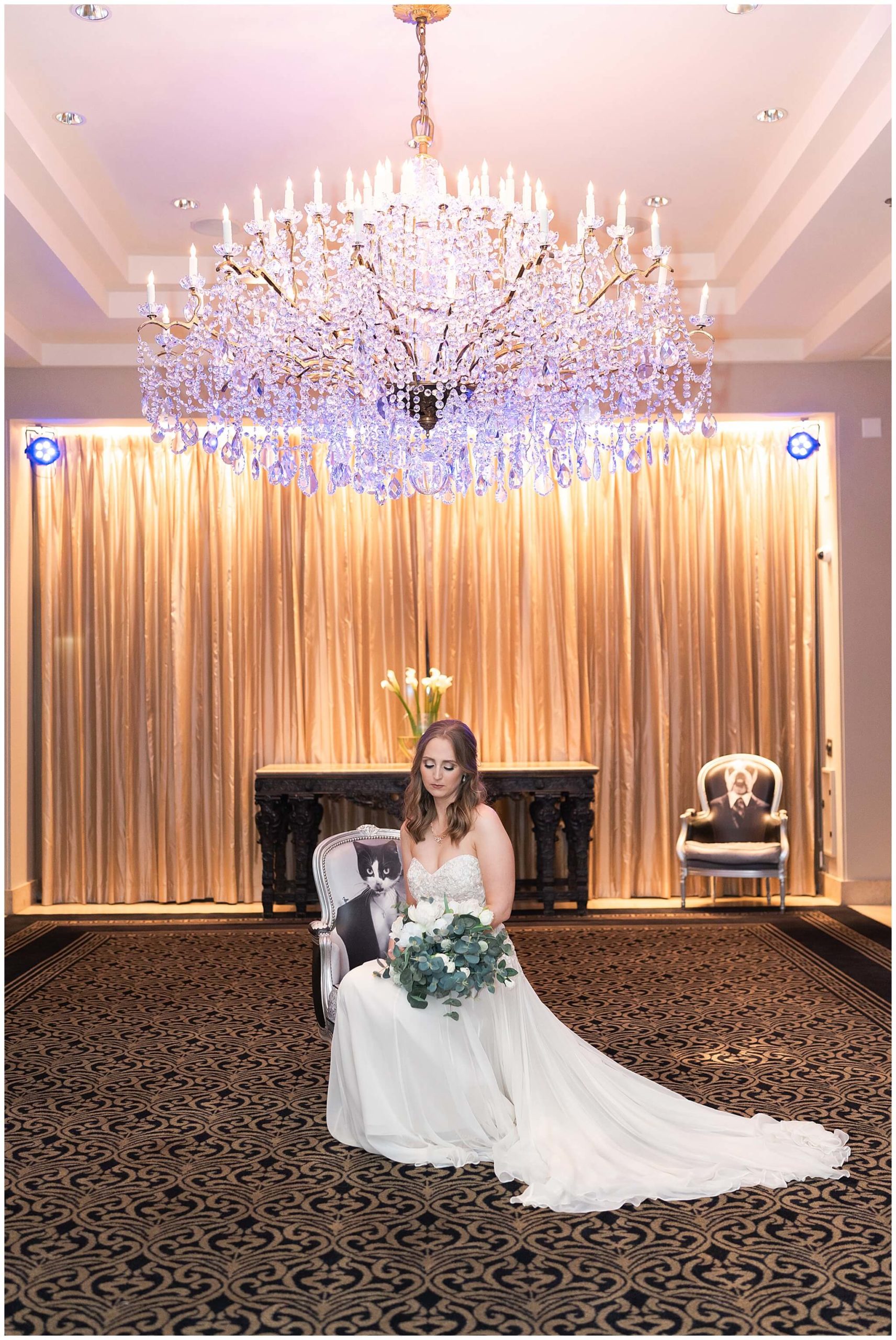 bride sits in a cat chair at Hotel Zaza by Swish and Click Photography
