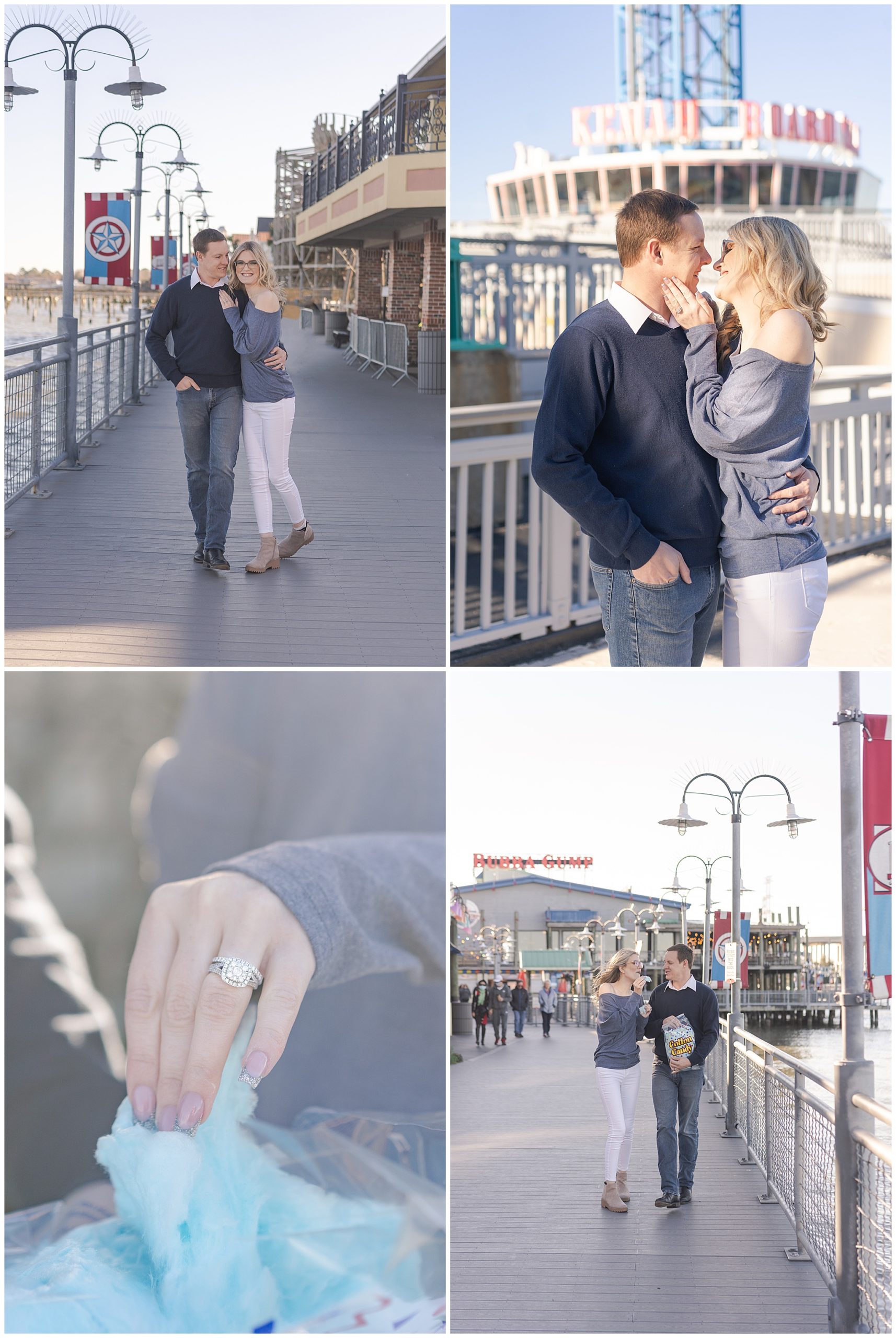 engaged couple kiss at Kemah Boardwalk during their engagement session by Houston's best wedding photographers Swish and Click Photography