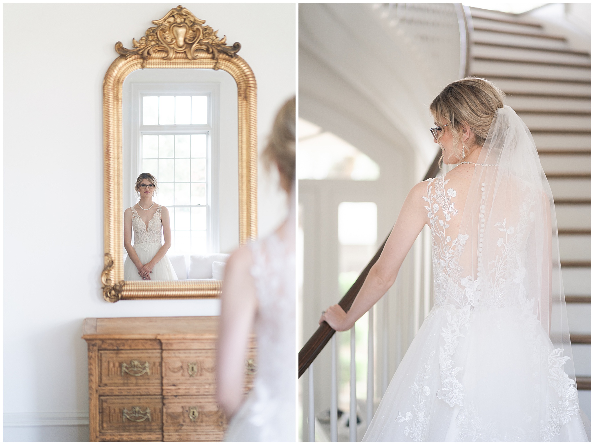 bride looks at herself in her wedding gown at the Creative Chateau 