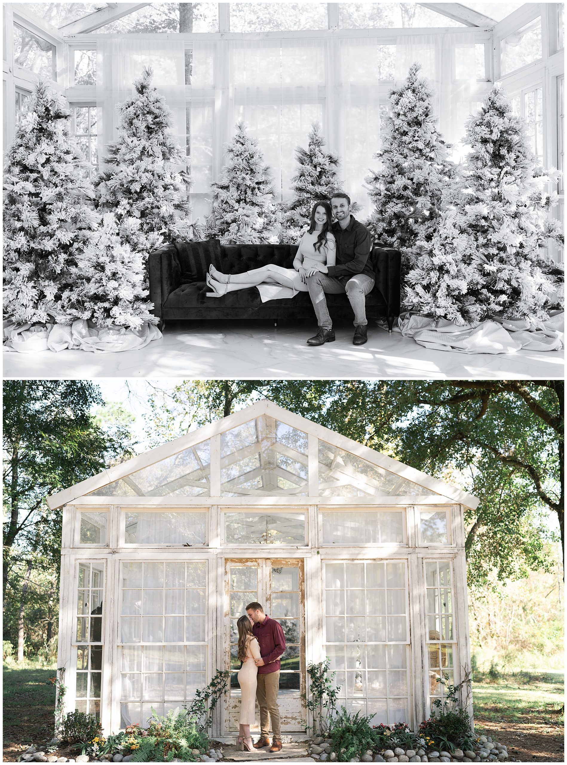 couple kisses during photos at a greenhouse in Houston Texas by photographer Swish and Click Photography