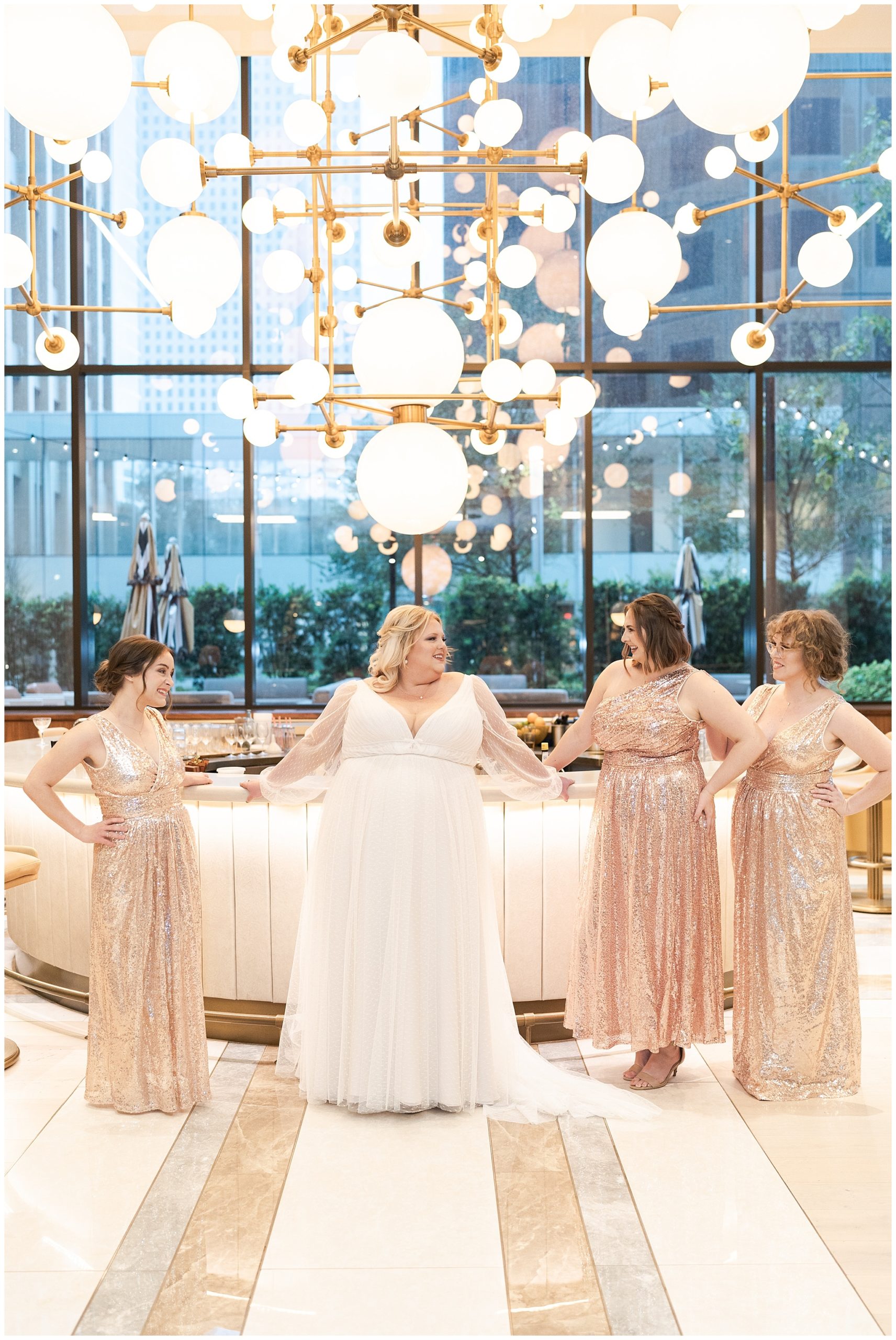 bridesmaids Sunset Coffee Building Christmas Wedding by Houston's best wedding photographers Swish and Click Photography