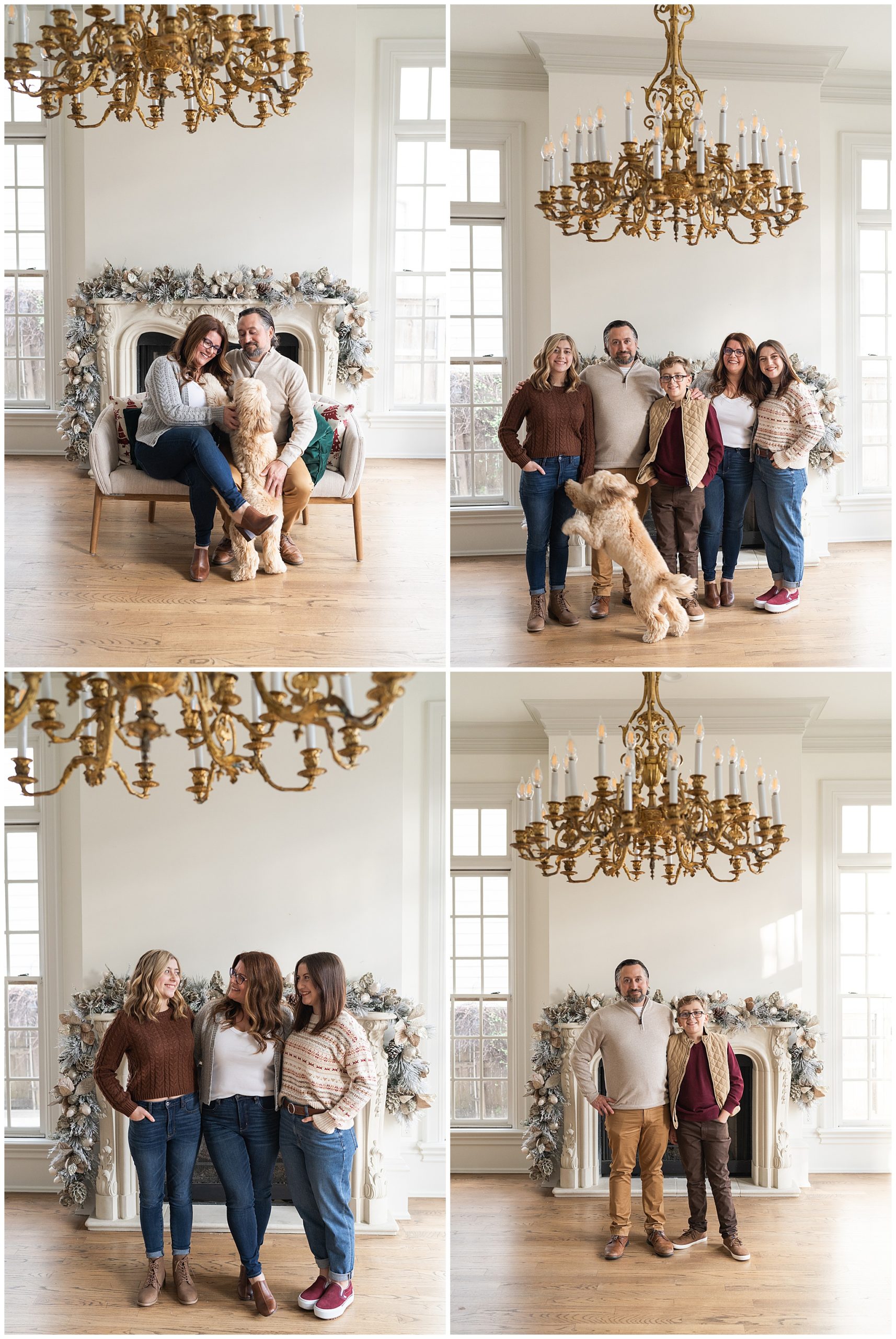 family stand and smile with their dog for photos at the Creative Chateau in Houston Texas by photographer Swish and Click Photography
