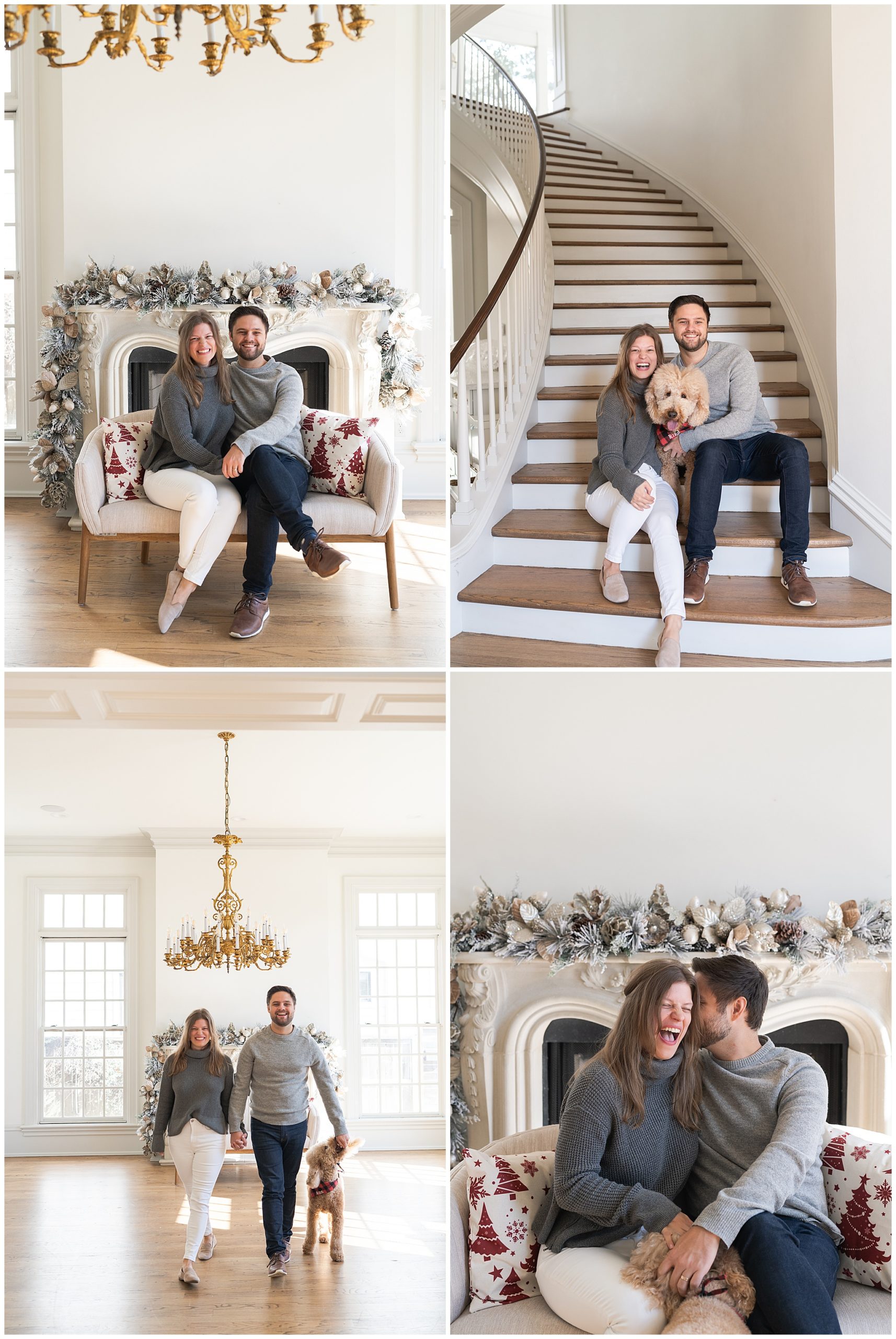 a couple and their dog sit on stairs for photos at the Creative Chateau in Houston Texas by photographer Swish and Click Photography