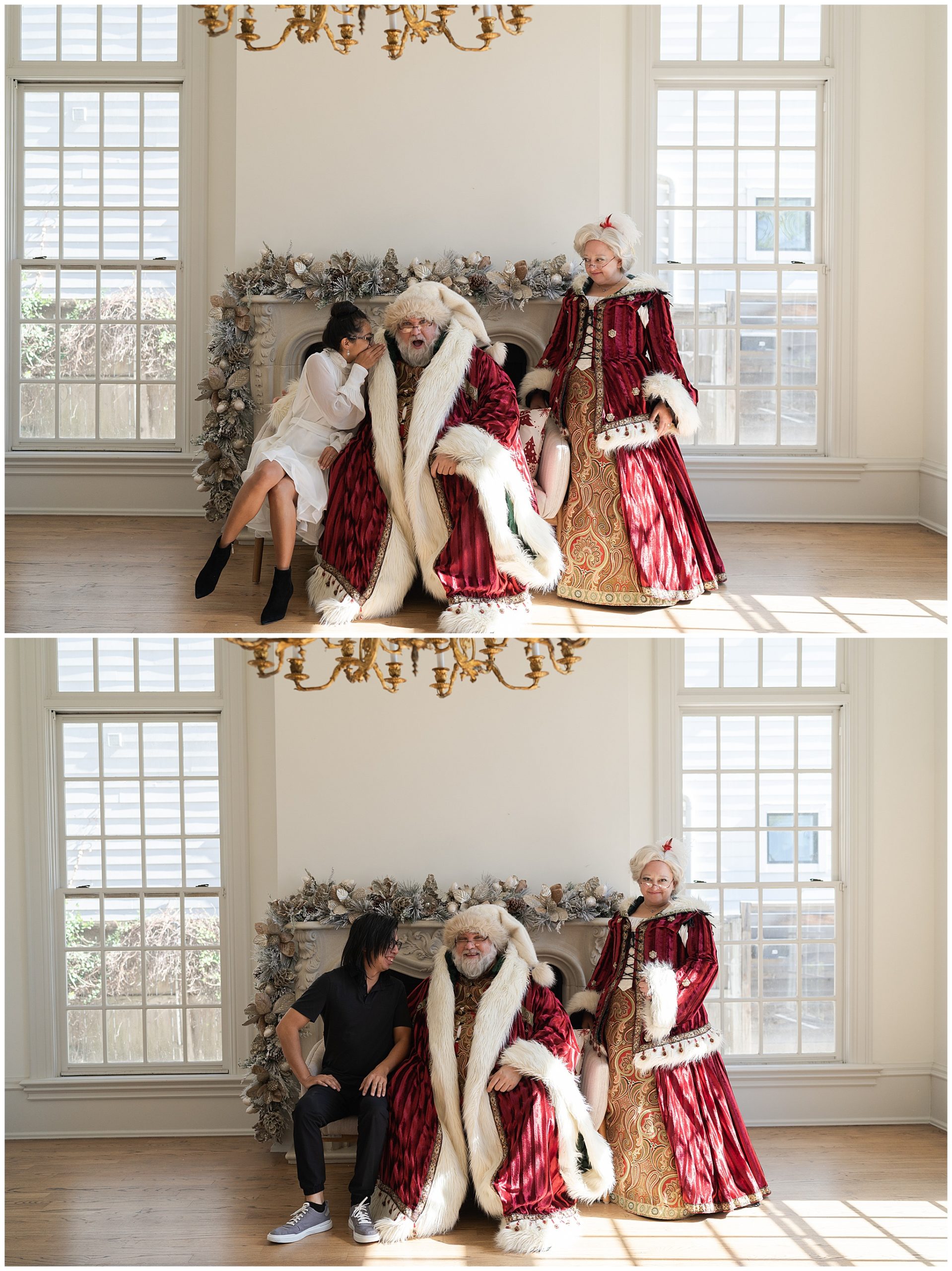 couple have fun with Santa and Mrs Clause for photos at the Creative Chateau in Houston Texas by photographer Swish and Click Photography