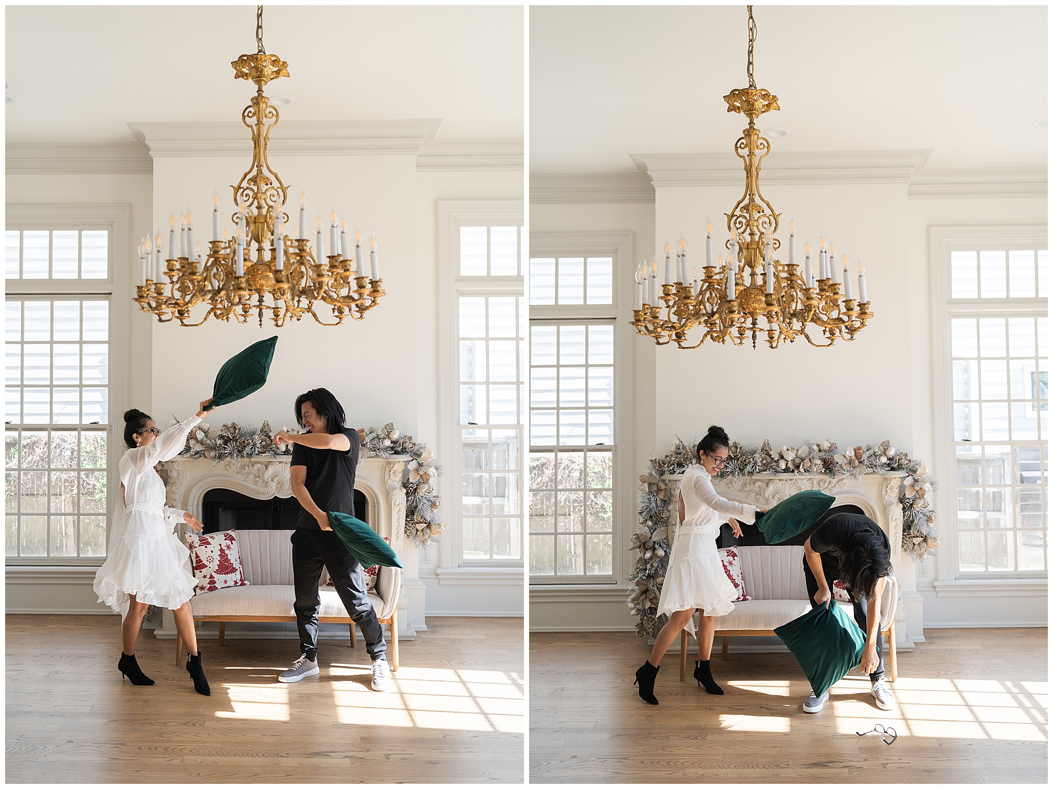 a couple have a pillow fight during their Christmas photos at the Creative Chateau in Houston Texas by photographer Swish and Click Photography