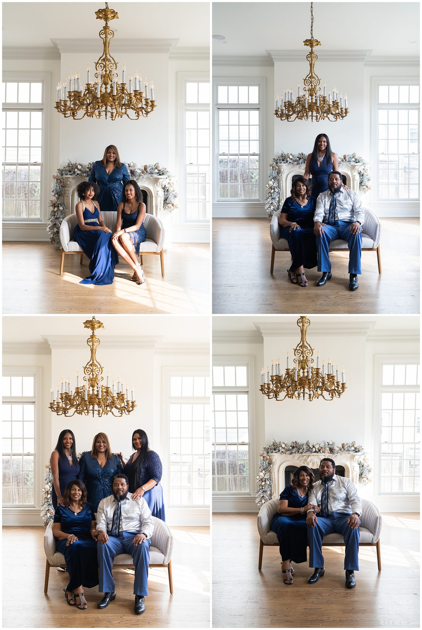 family sit and smile for photos at the Creative Chateau in Houston Texas by photographer Swish and Click Photography