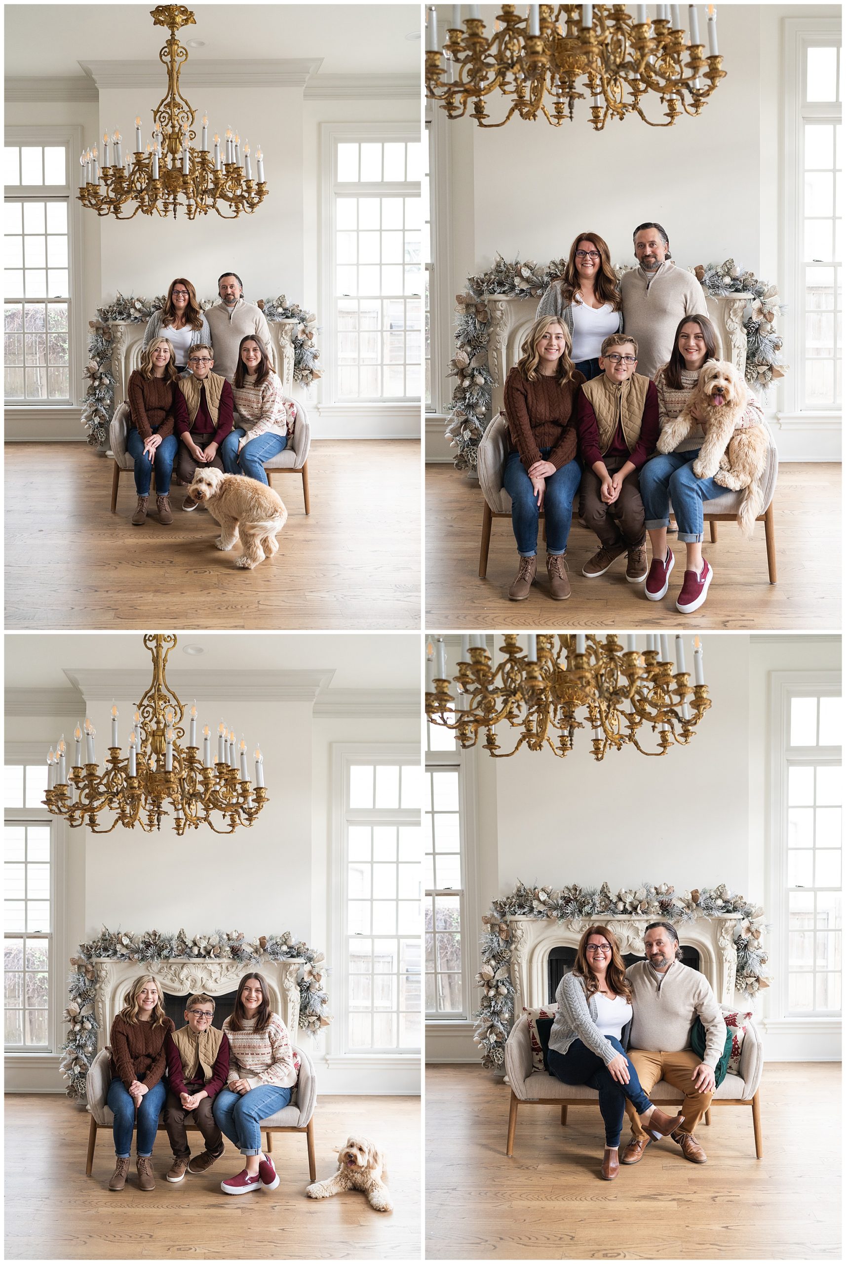 family sit and smile with their dog for photos at the Creative Chateau in Houston Texas by photographer Swish and Click Photography