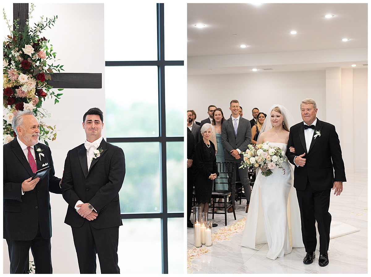 Bride walks down the aisle with dad as husband looks on for Swish & Click Photography