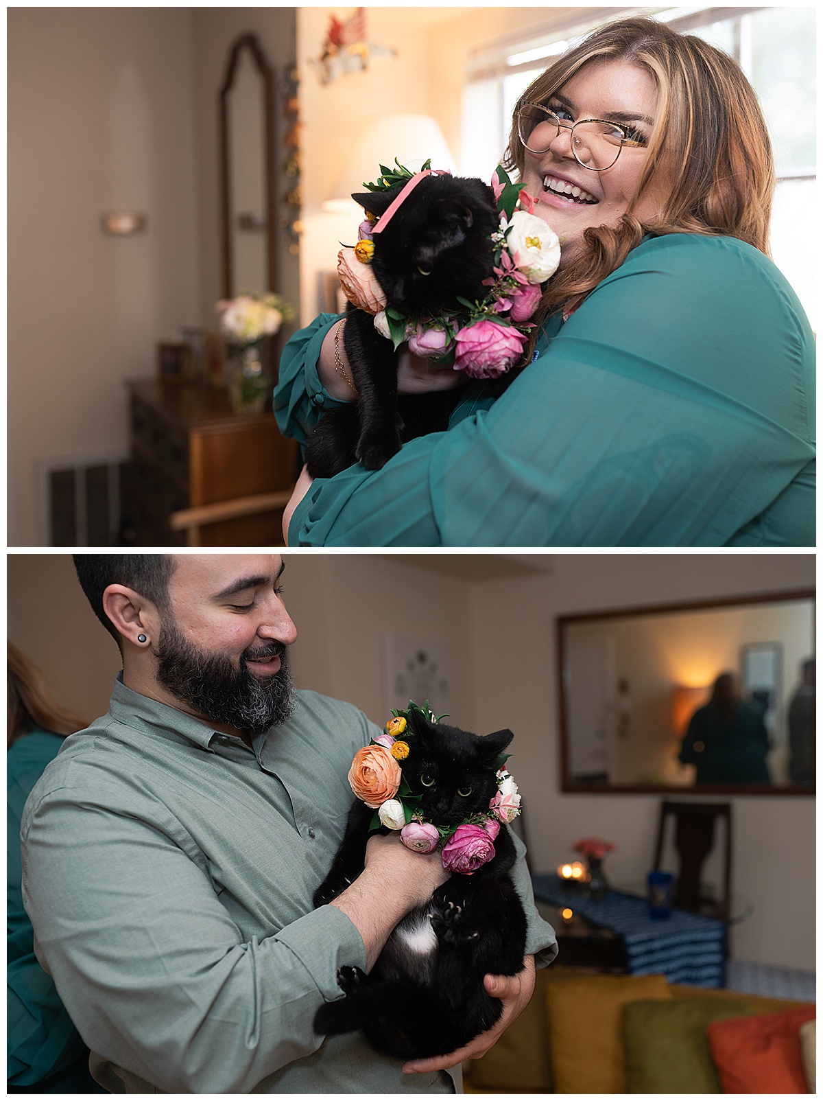Man and woman smile with cats after Flower Vault Engagement