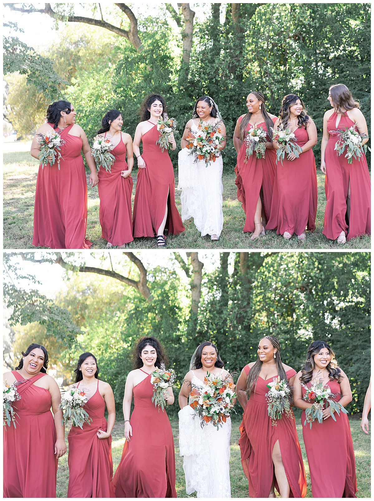 Bridal party smile and laugh together at The Bowery House & Gardens