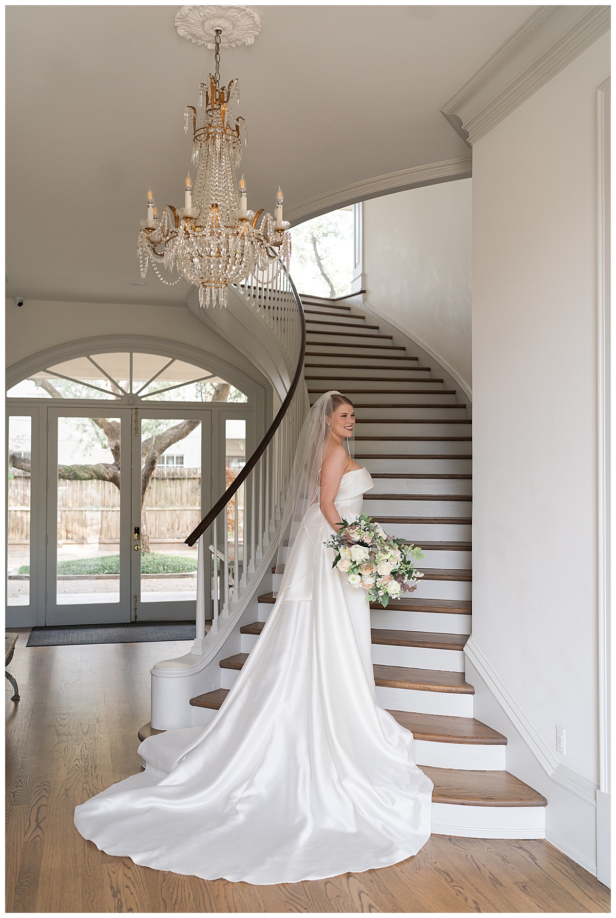 Bride stands in front of stairs for Houston’s Best Wedding Photographers 